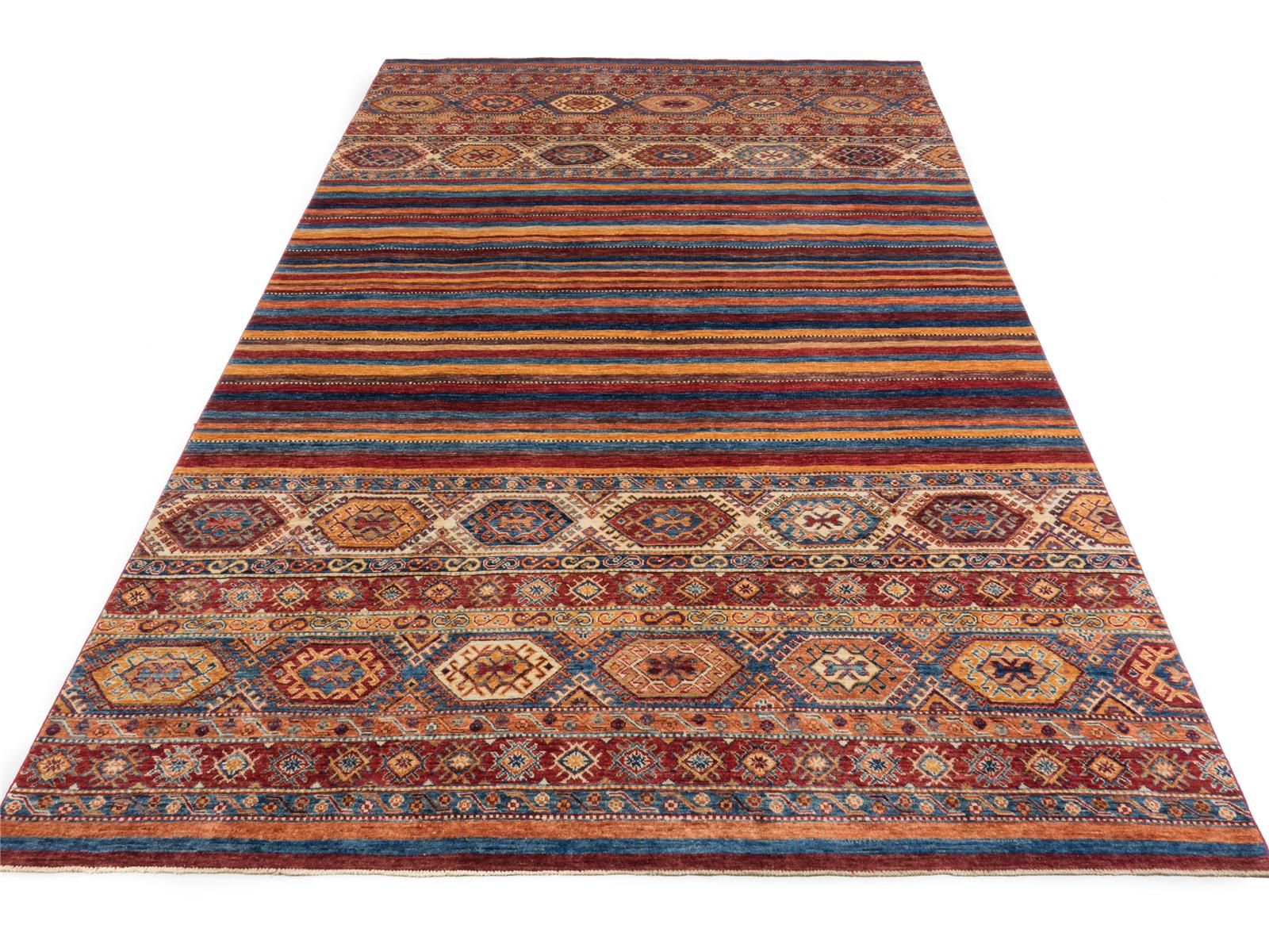 Afghan Ziegler Khorjin 210x320 Handgeknüpft Teppich Mehrfarbig Linien Kurzflor