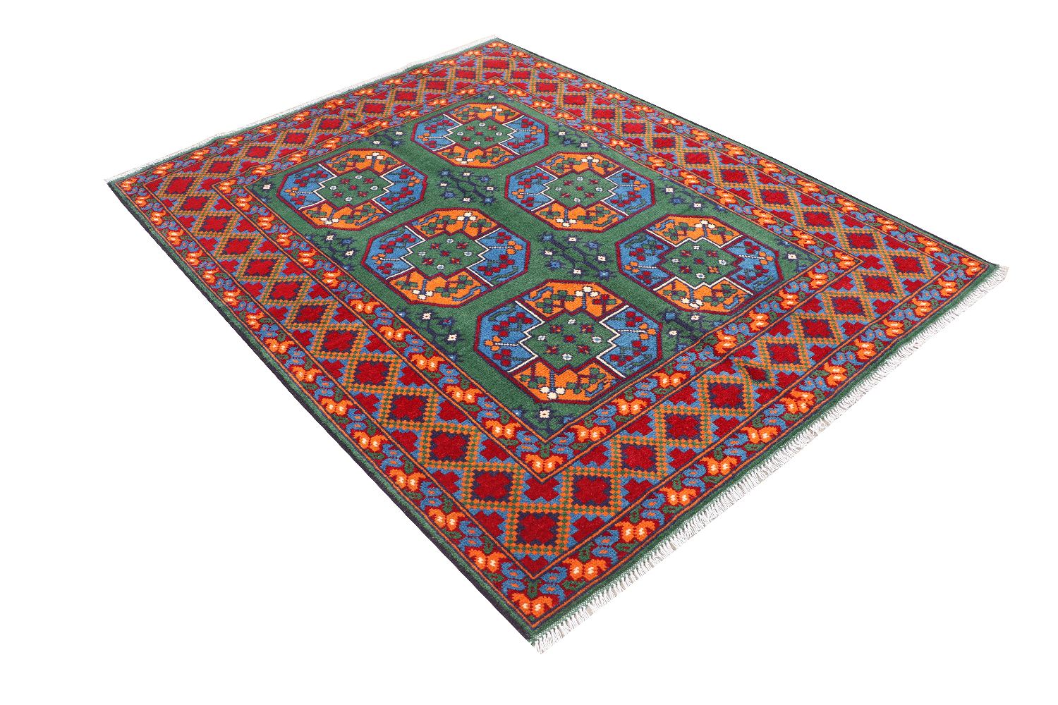 Afghan Akcha Rang Dar Teppich 150x200 Handgeknüpft Grün Durchgemustert Orient Kurzflor