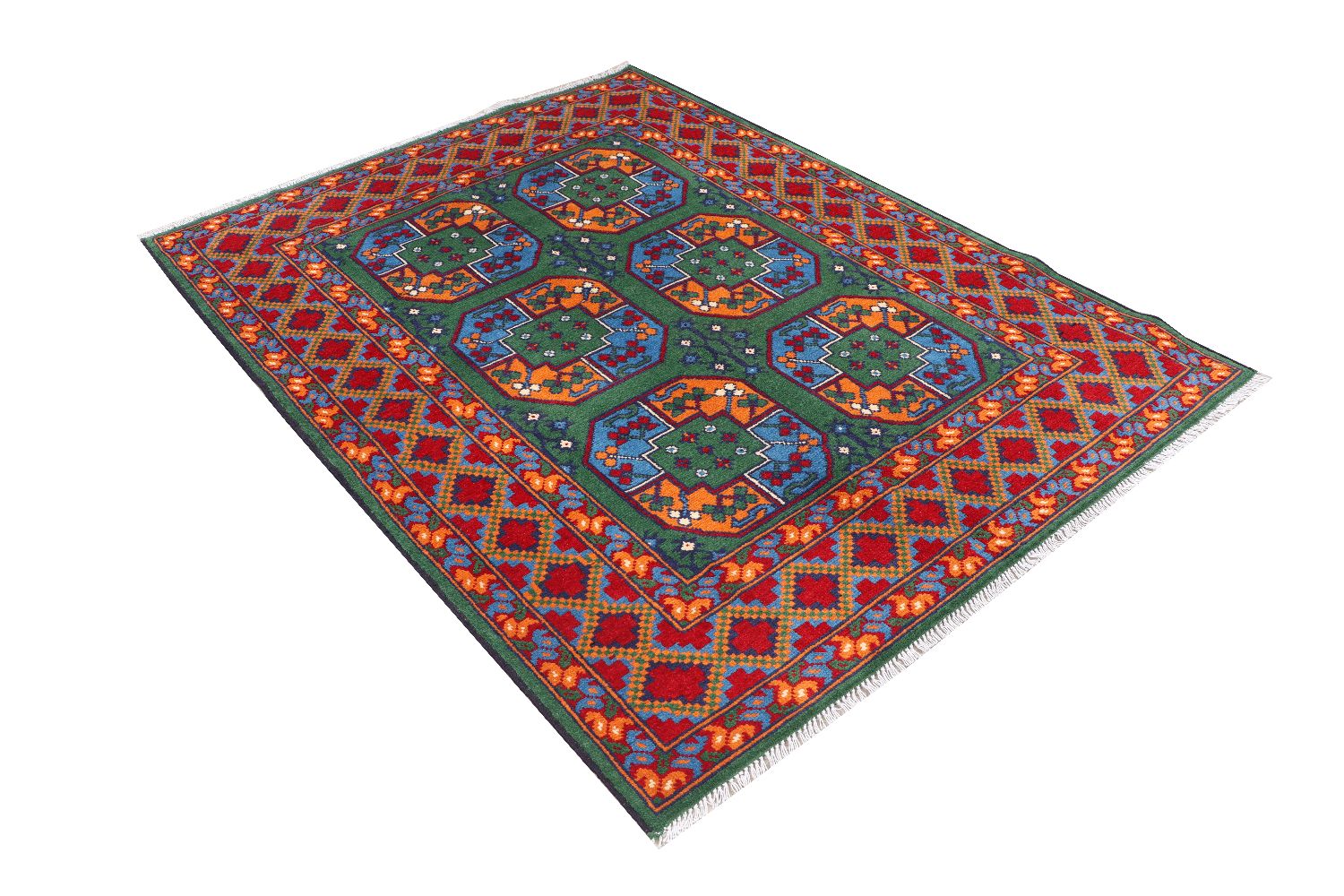 Afghan Akcha Rang Dar Teppich 150x200 Handgeknüpft Grün Durchgemustert Orient Kurzflor