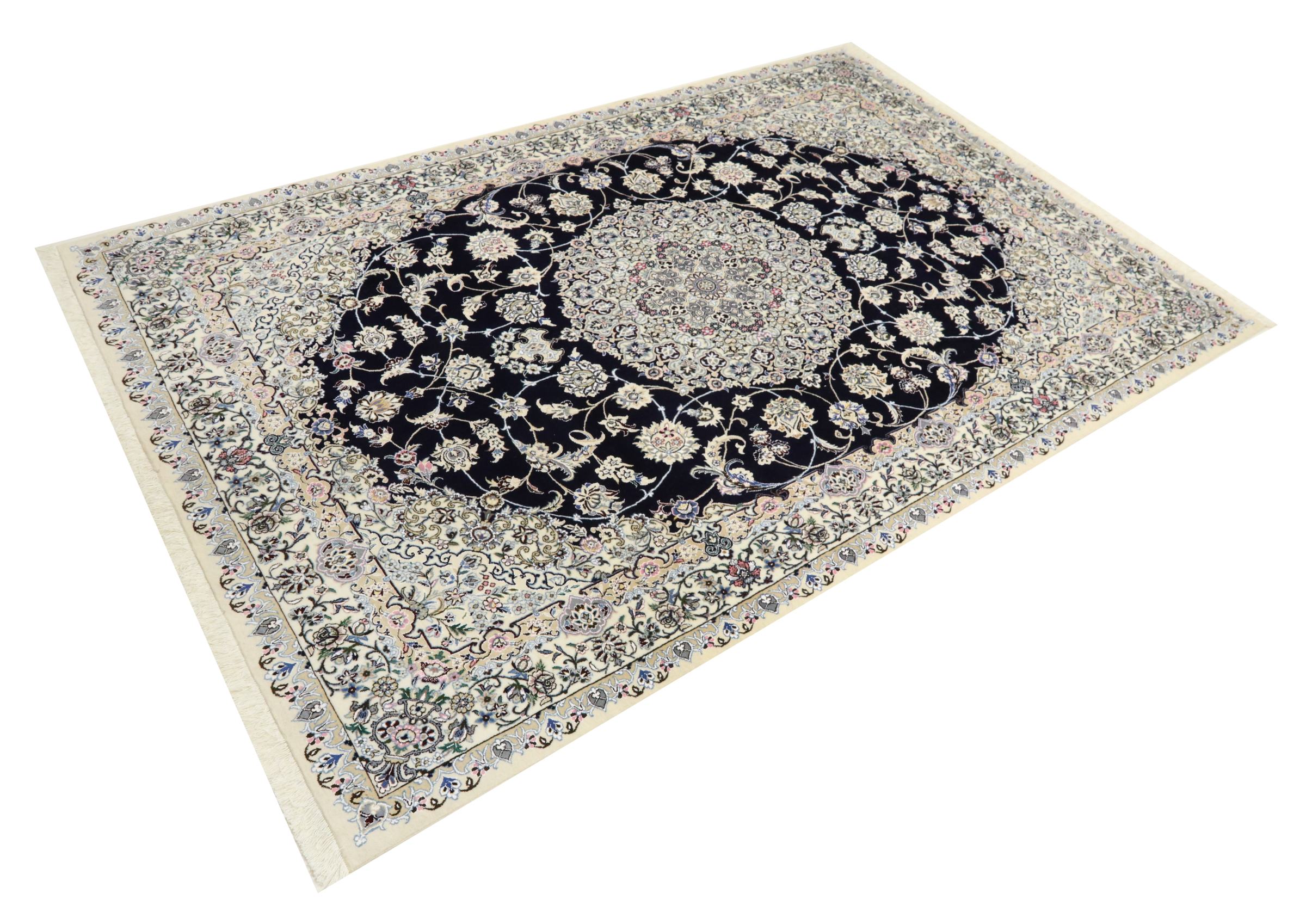 Perserteppich Nain 9LA 200x300 Handgeknüpft Dunkelblau Medaillon Orientalisch UNIKAT