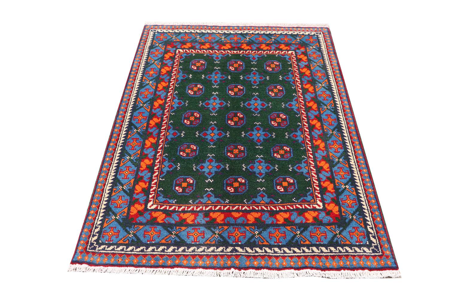 Afghan Akcha Rang Dar Teppich 100x150 Handgeknüpft Grün Durchgemustert Orient Kurzflor