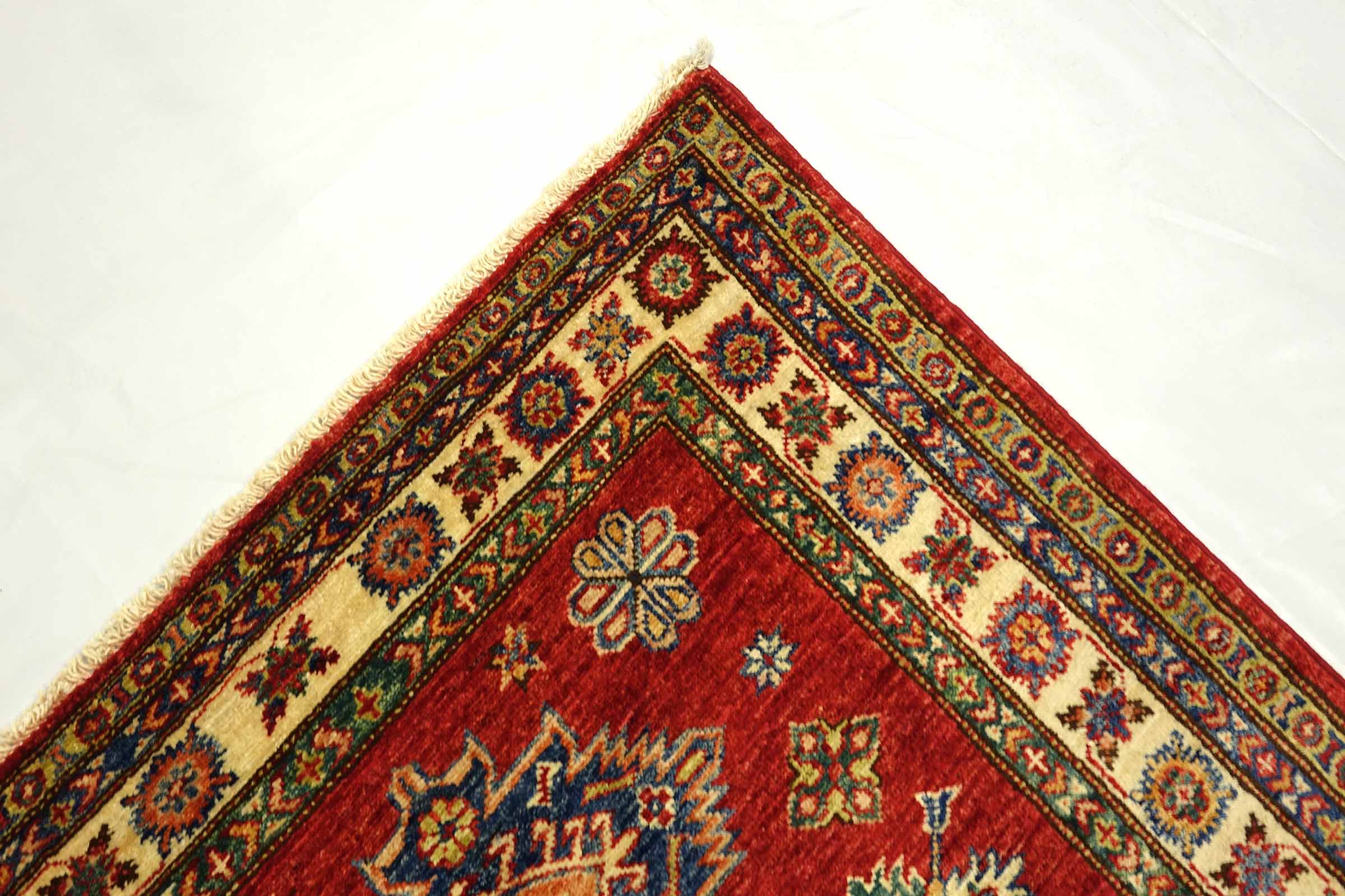 Afghan Kazak Fein 100x150 Handgeknüpft Orientteppich Rot Umrandung Wolle