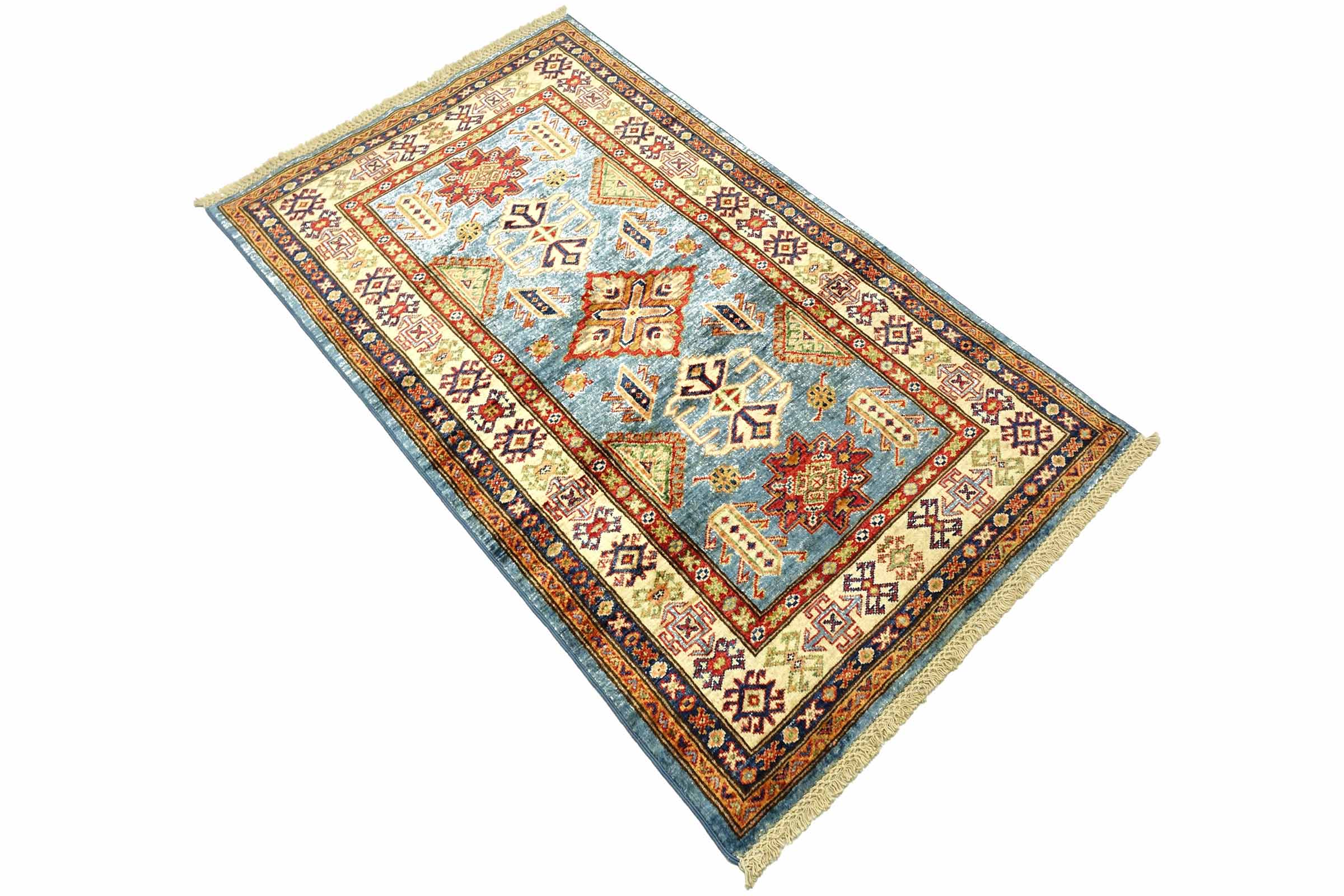 Afghan Kazak Fein 100x150 Handgeknüpft Orientteppich Blau Umrandung Wolle