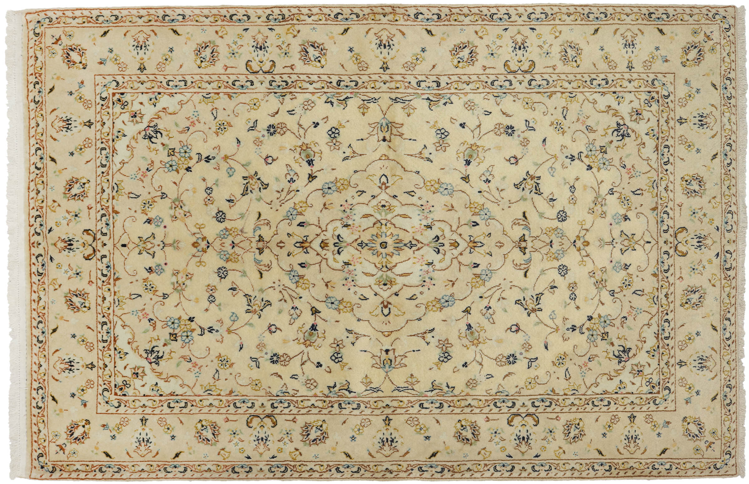 Perserteppich Keshan Teppich 140x220 Handgeknüpft Beige Medaillon Orient Kurzflor