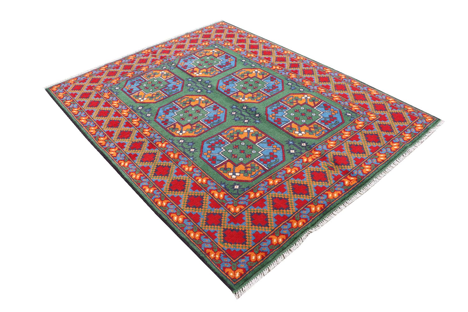 Afghan Akcha Rang Dar Teppich 150x200 Handgeknüpft Grün Durchgemustert Orient Kurzflor