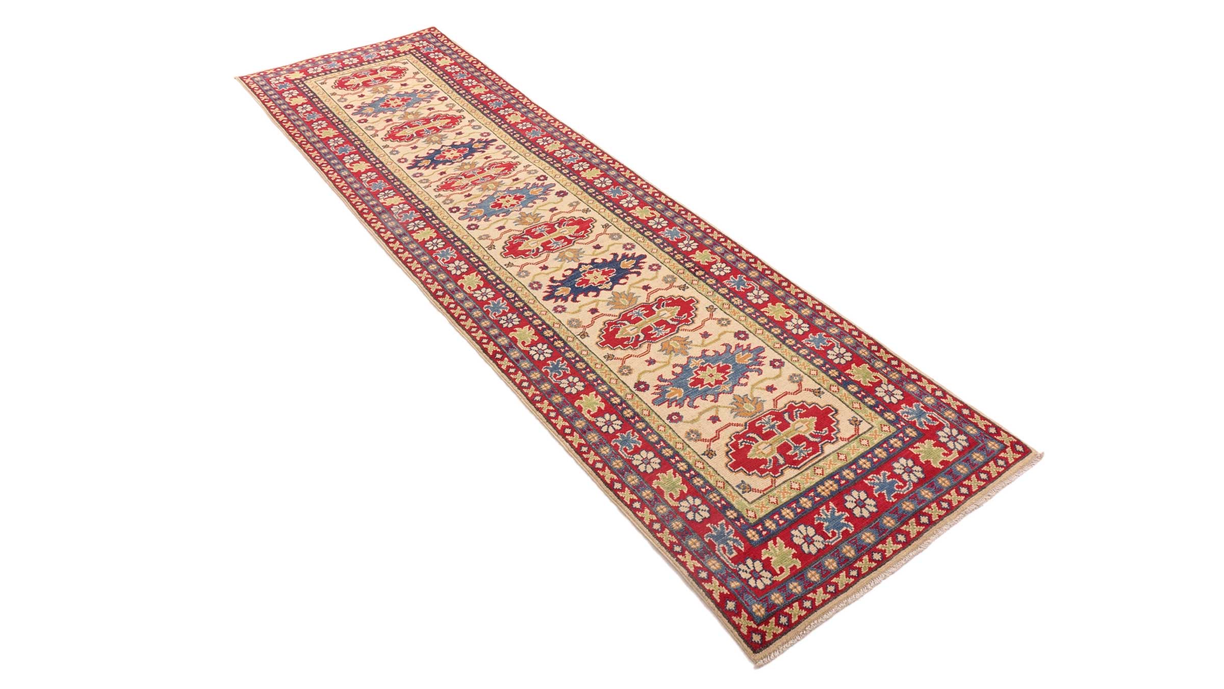 Kazak Teppich 80x300 Handgeknüpft Läufer Beige Floral Orientalisch UNIKAT Kurzflor