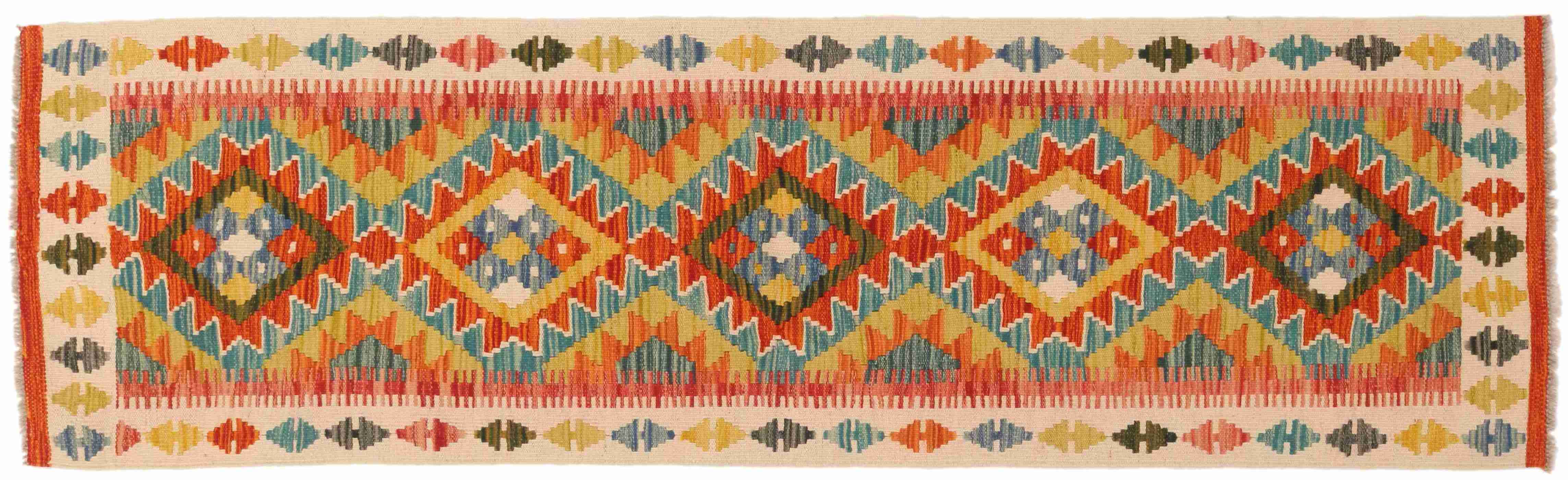 Maimana Kelim Teppich 60x200 Handgewebt Läufer Beige Geometrisch Handarbeit