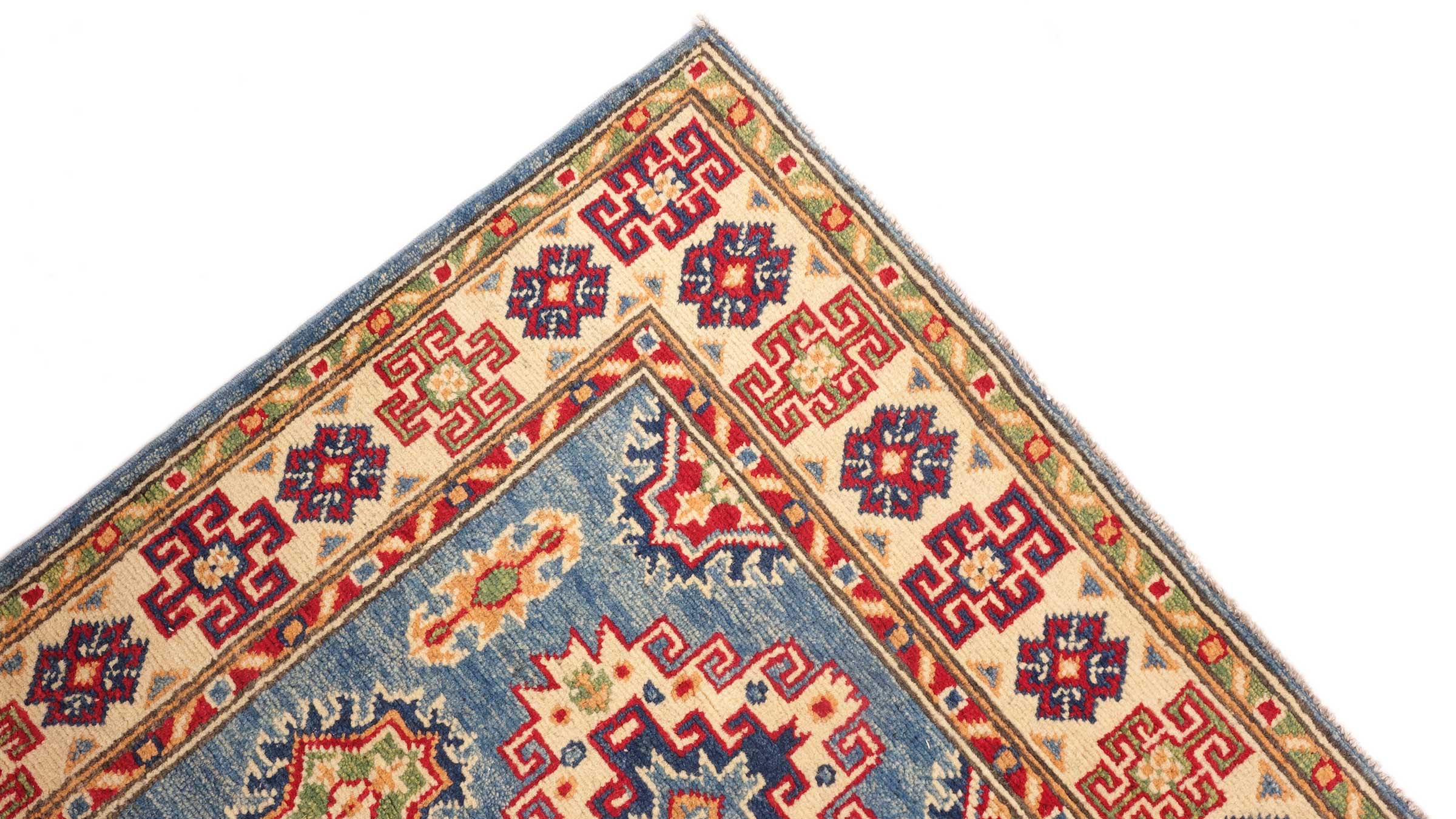 Kazak Teppich 80x300 Handgeknüpft Läufer Blau Geometrisch Orientalisch UNIKAT Kurzflor
