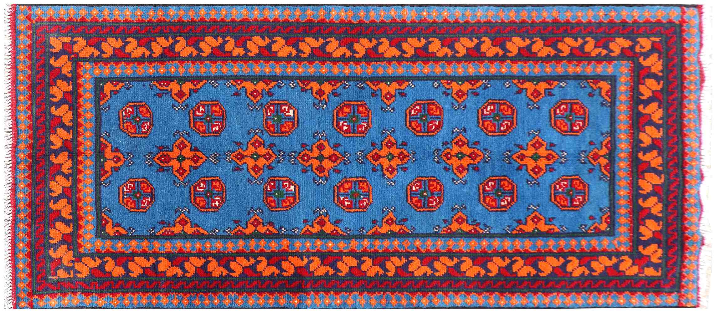Afghan Akcha Rang Dar Teppich 80x200 Handgeknüpft Blau Durchgemustert Orient Kurzflor