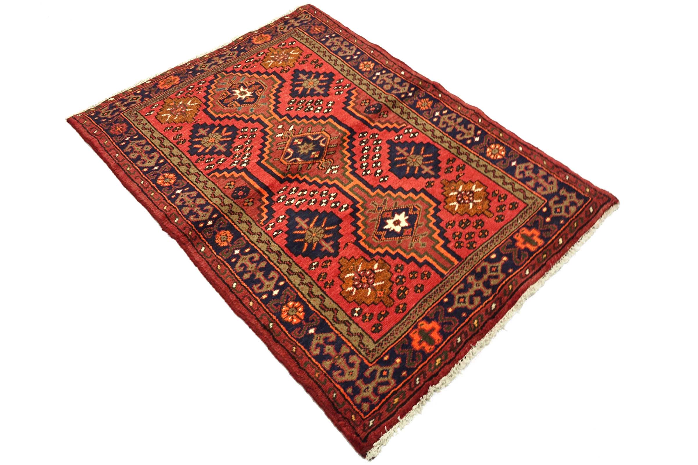 Perser Hamadan 100x140 Handgeknüpft Orientteppich Rot Umrandung Wolle Kurzflor