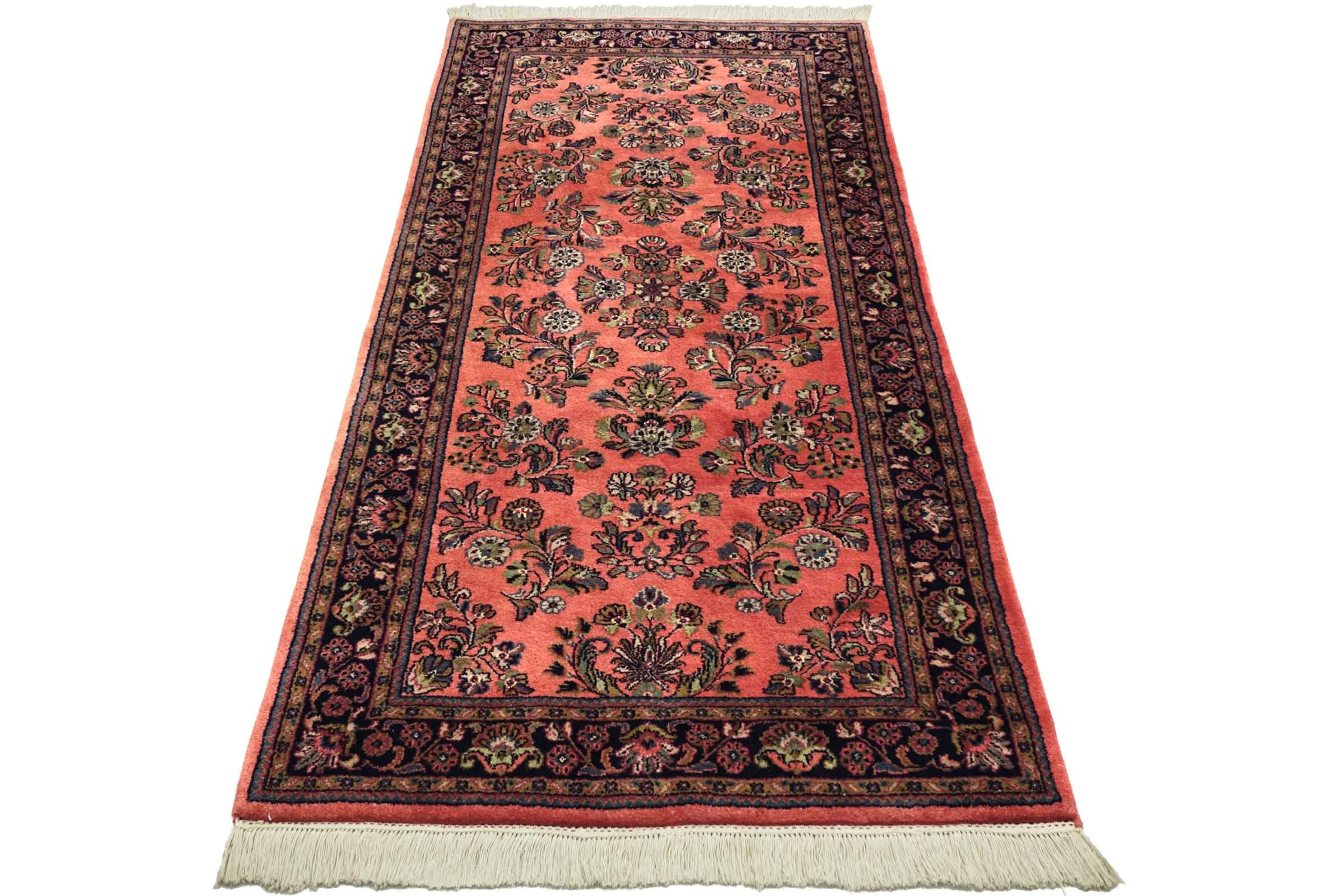 Sarough Teppich 100x200 Handgeknüpft Rosa Floral Wolle Kurzflor Rug