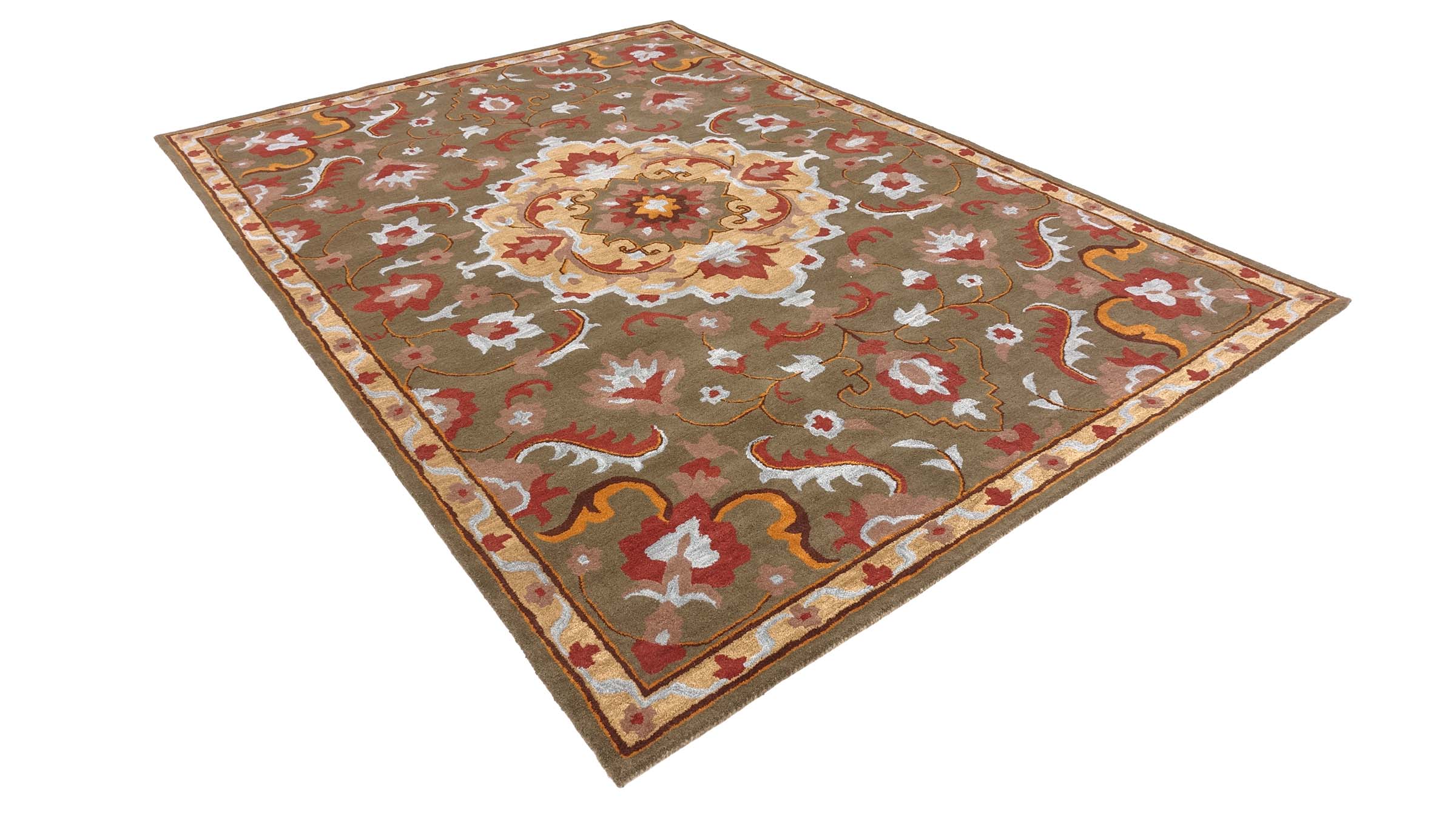 Handgefertigter Teppich 200x300 Grün Medaillon Handarbeit Handtuft Modern