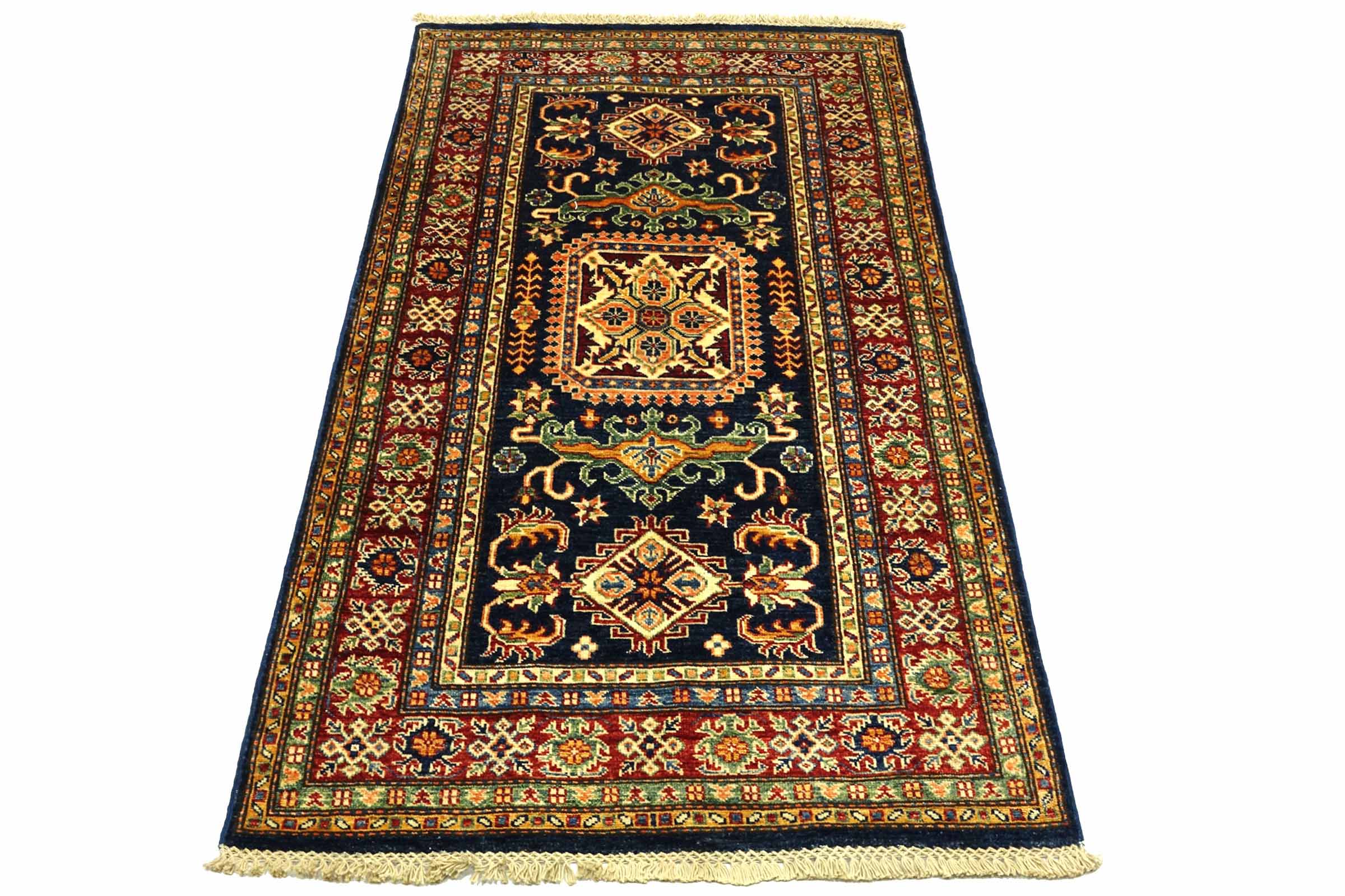 Afghan Kazak Fein 100x150 Handgeknüpft Orientteppich Blau Umrandung Wolle
