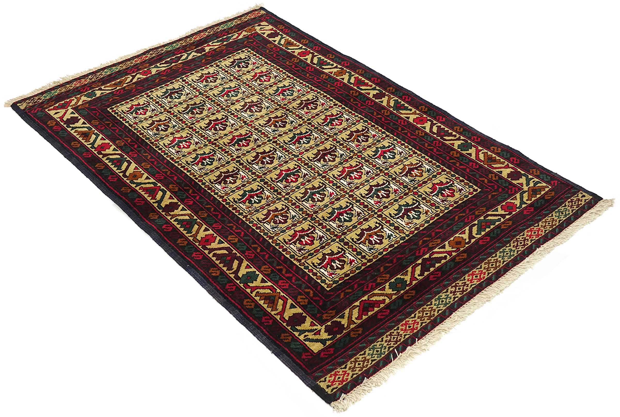 Afghan Teppich 90x140 Handgeknüpft Beige Geometrisch Orient Kurzflor Wohnzimmer