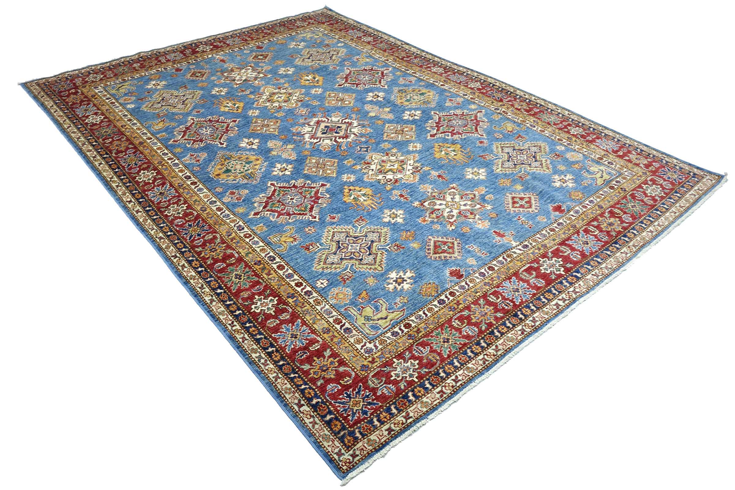 Afghan Feiner Kazak Teppich 240x340 Handgeknüpft Blau Geometrisch Orient Kurzflor