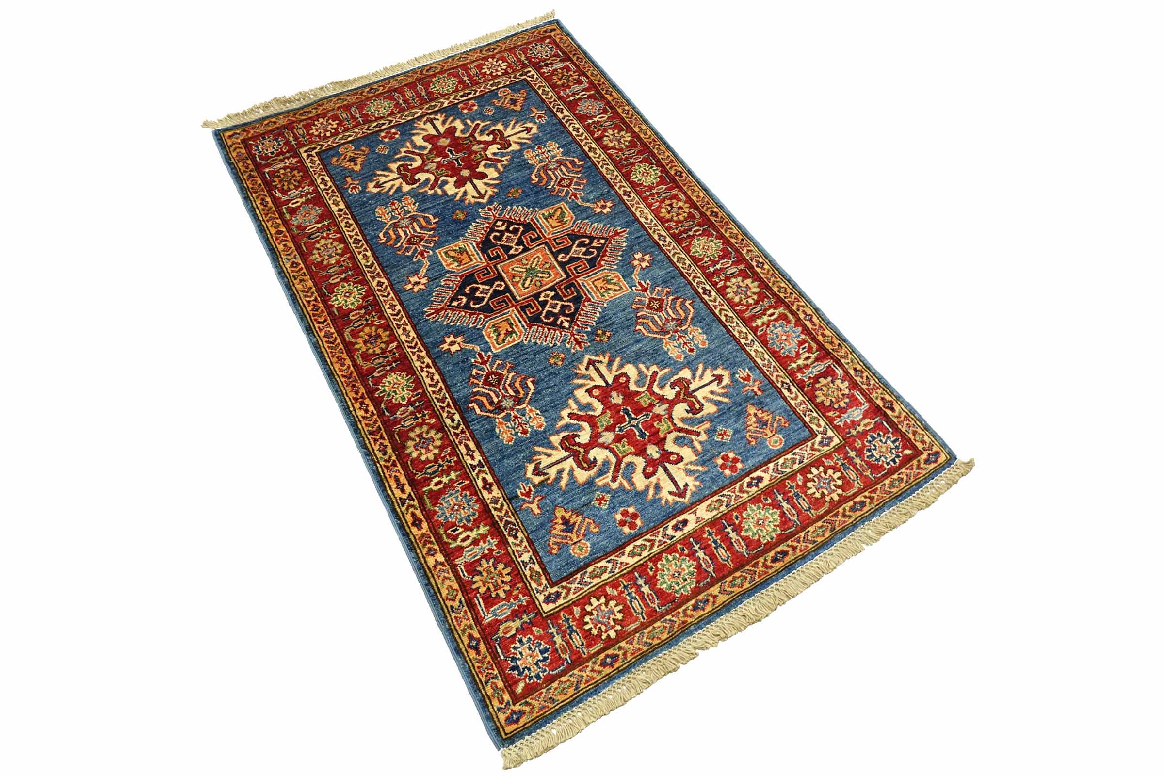 Afghan Kazak Fein 100x150 Handgeknüpft Orientteppich Blau Umrandung Wolle