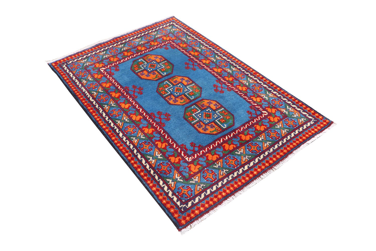 Afghan Akcha Rang Dar Teppich 100x150 Handgeknüpft Blau Durchgemustert Orient Kurzflor