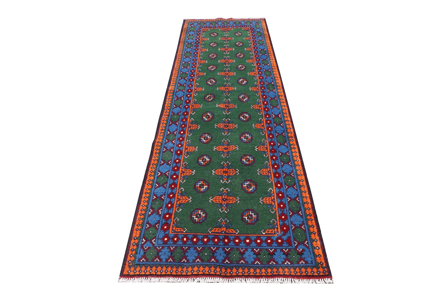 Afghan Akcha Rang Dar Teppich 80x300 Handgeknüpft Läufer Grün Durchgemustert Orient
