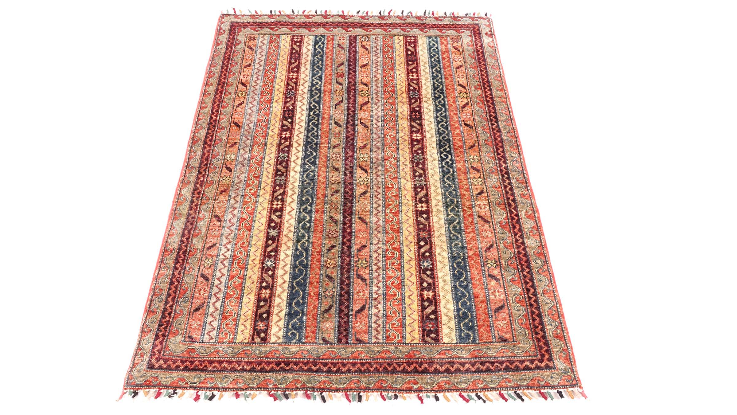 Afghan Khorjin Shaal Teppich 100x150 Handgeknüpft Grau Streifen Orient Kurzflor