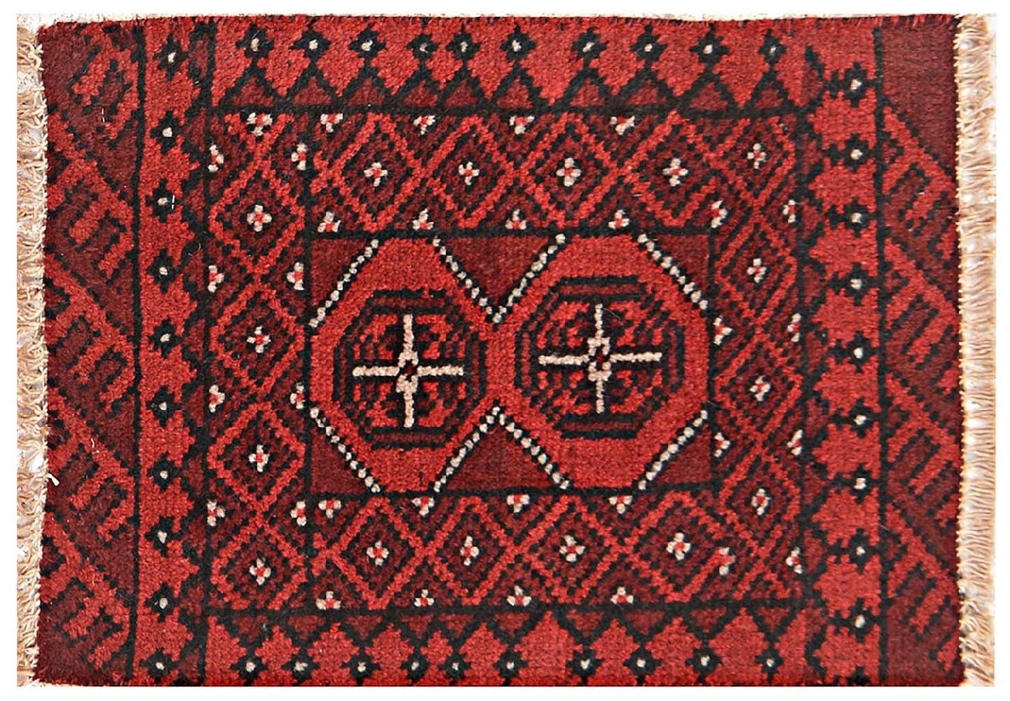Afghan Aqcha Poshti Teppich 40x60 Handgeknüpft Rot Geometrisch Orient Kurzflor