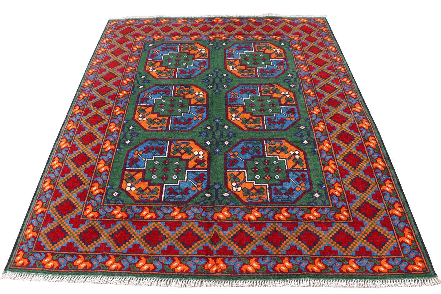 Afghan Akcha Rang Dar Teppich 150x200 Handgeknüpft Grün Durchgemustert Orient Kurzflor