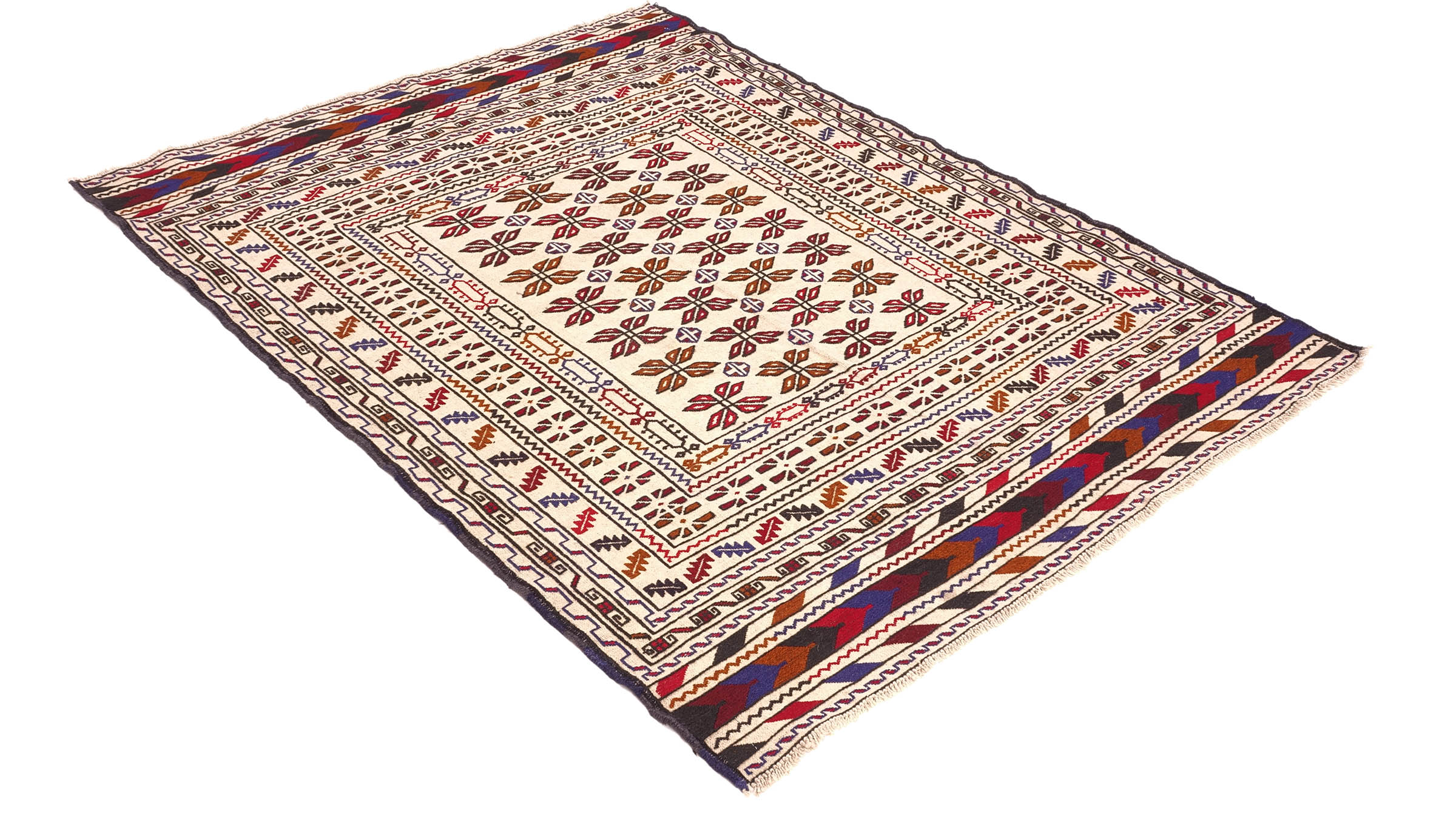 Afghan Kelim Gol Barjasta Teppich 140x190 Handgewebt Beige Geometrisch Handarbeit