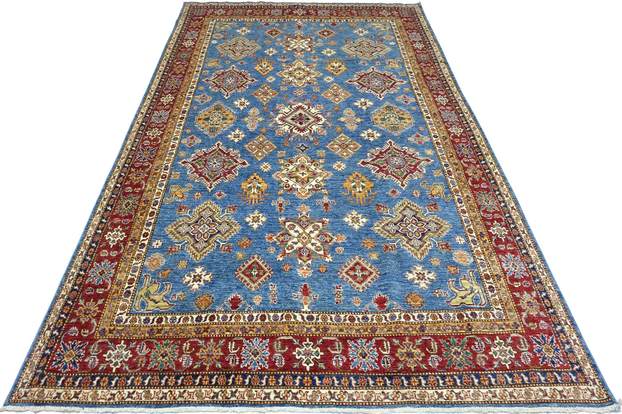 Afghan Feiner Kazak Teppich 240x340 Handgeknüpft Blau Geometrisch Orient Kurzflor