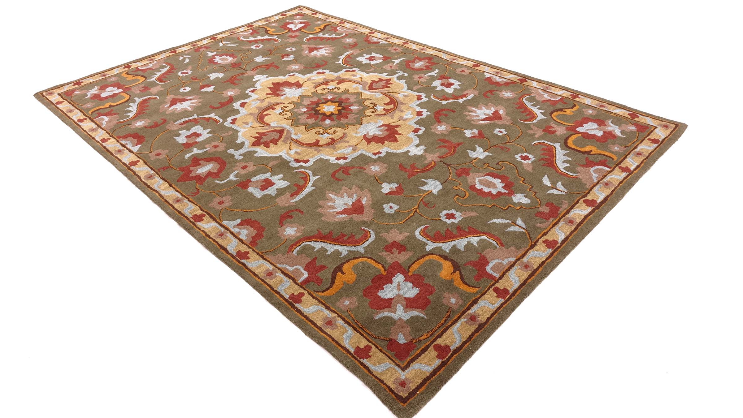 Handgefertigter Teppich 200x300 Grün Medaillon Handarbeit Handtuft Modern