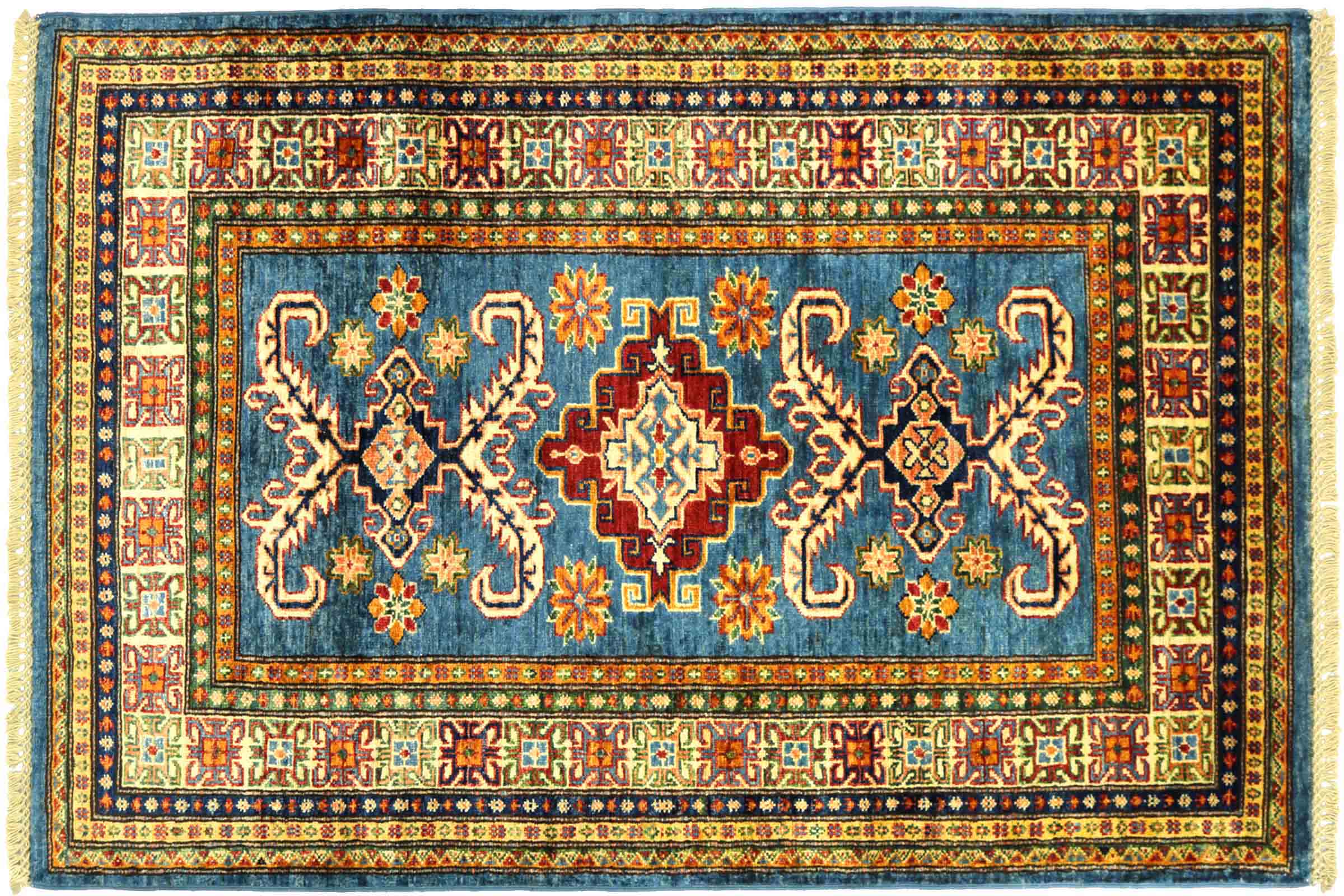 Afghan Kazak Fein 100x150 Handgeknüpft Orientteppich Blau Umrandung Wolle