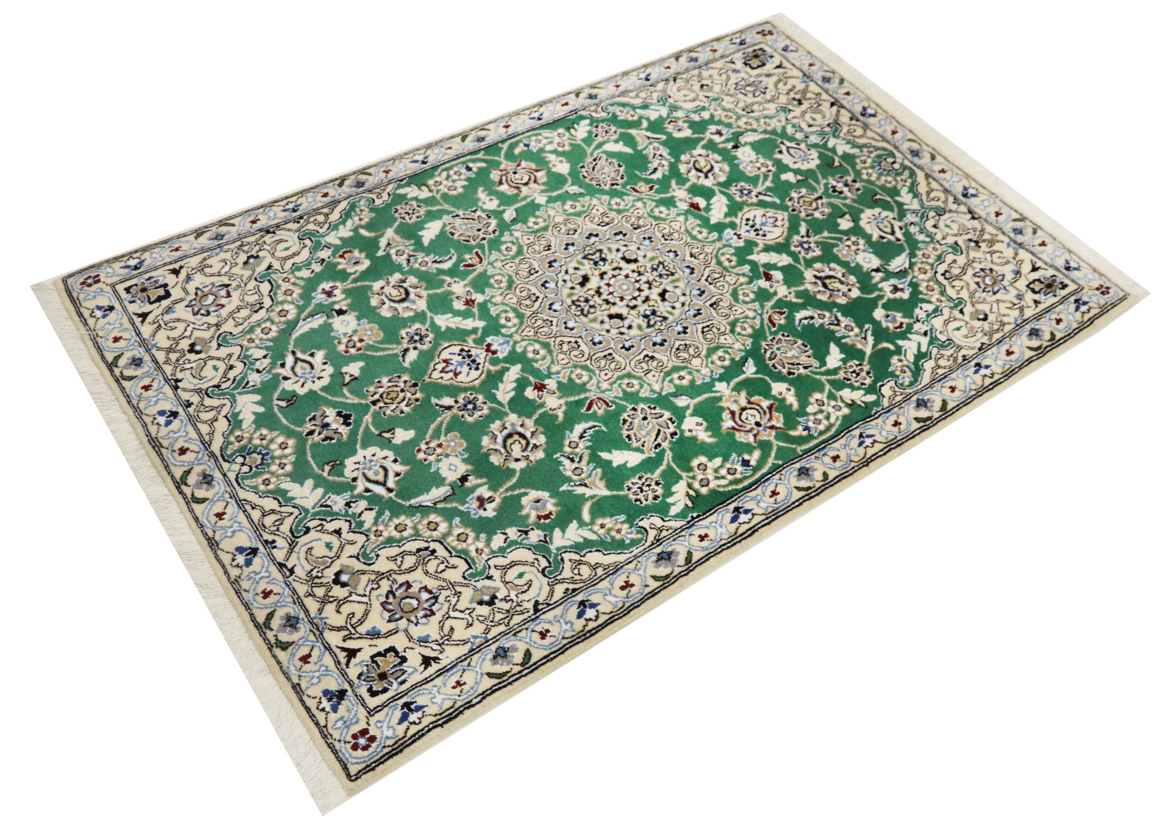 Persian carpet Nain 9LA 90x140 Hand-knotted Green Medallion Oriental UNIKAT short pile