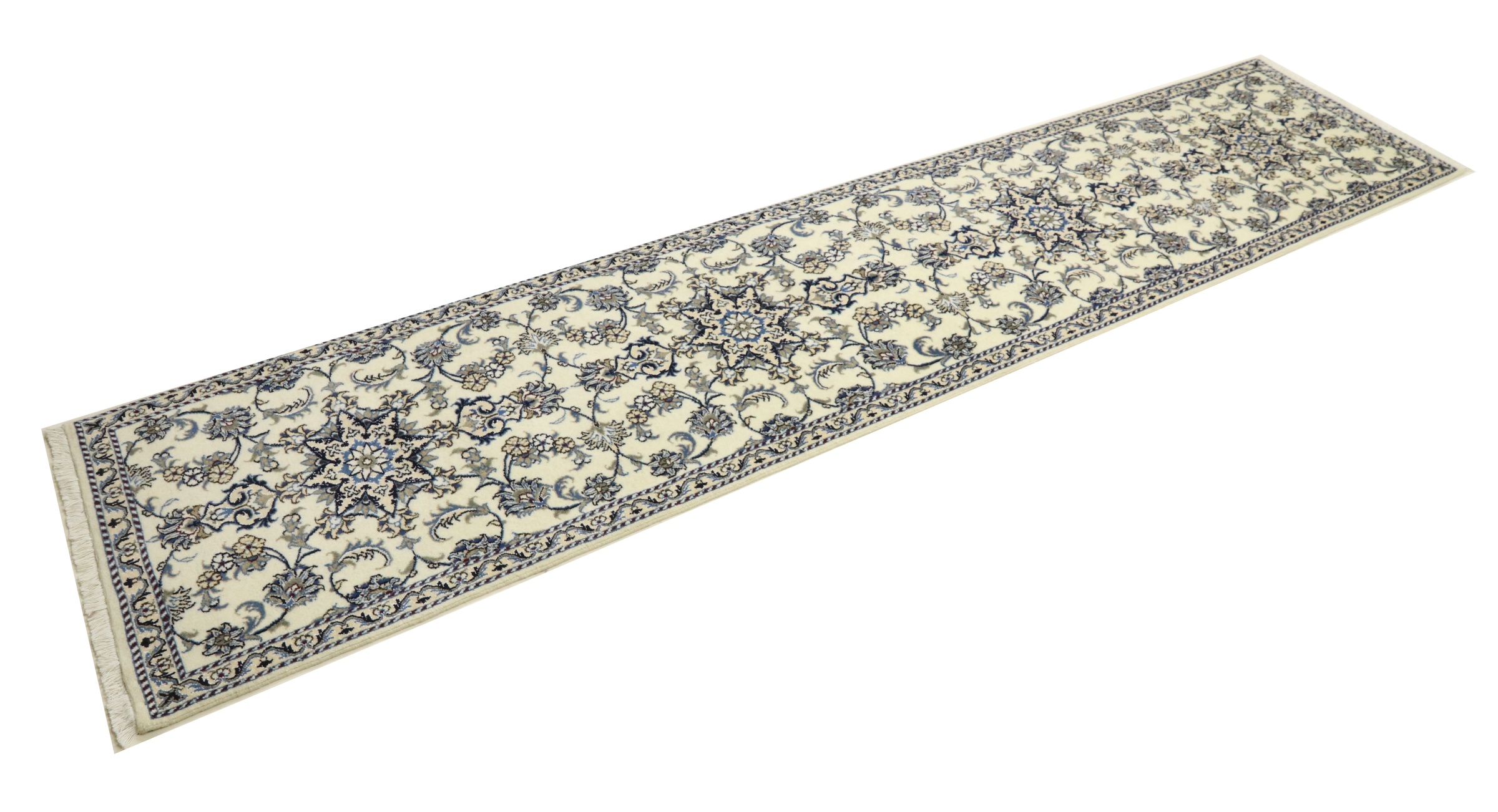 Perserteppich Nain Kashmar 80x400 Handgeknüpft Läufer Weiß Floral Orientalisch UNIKAT