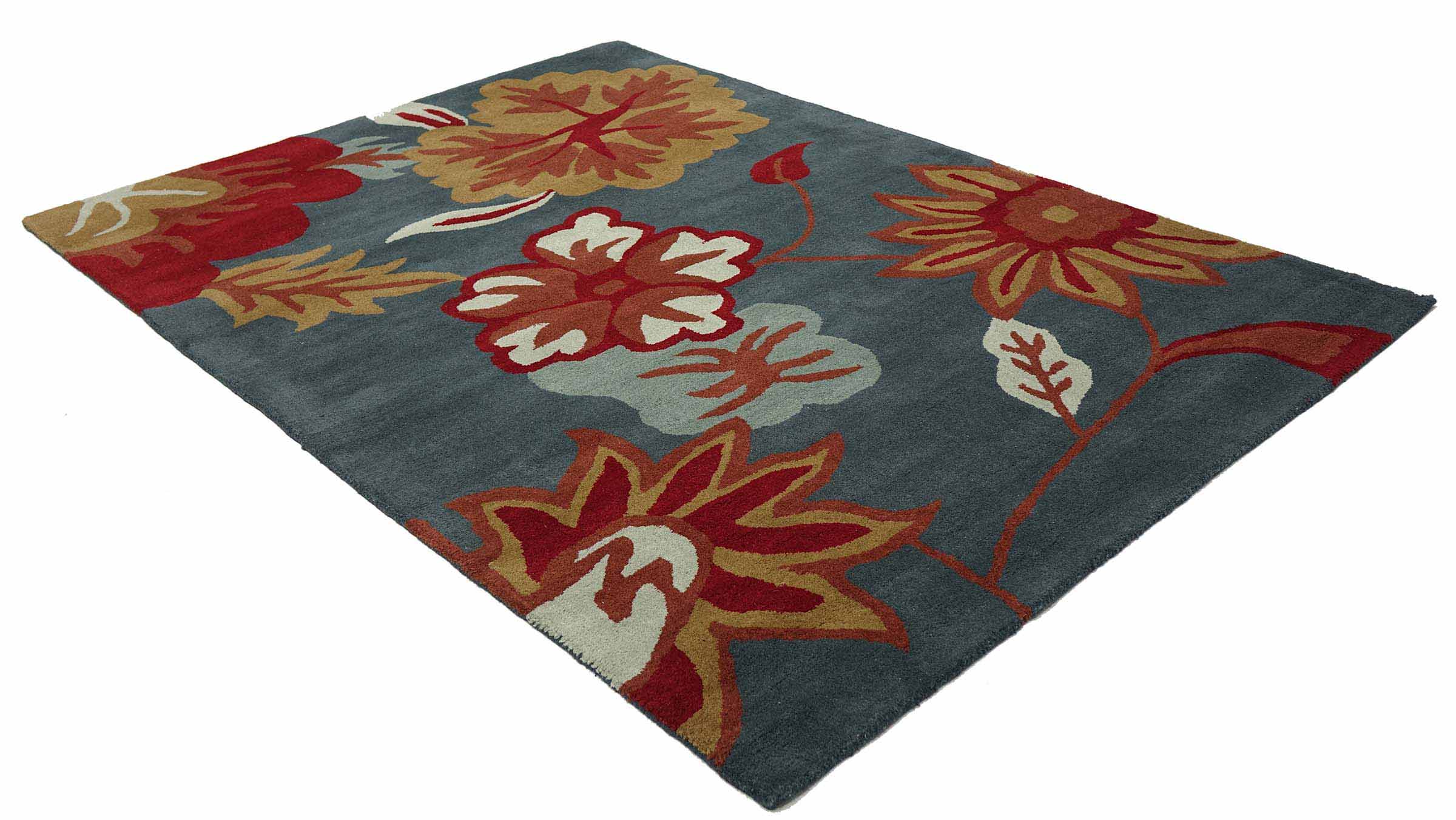 Handgefertigter Teppich Blüte 160x230 Blau Floral Handarbeit Handtuft Modern