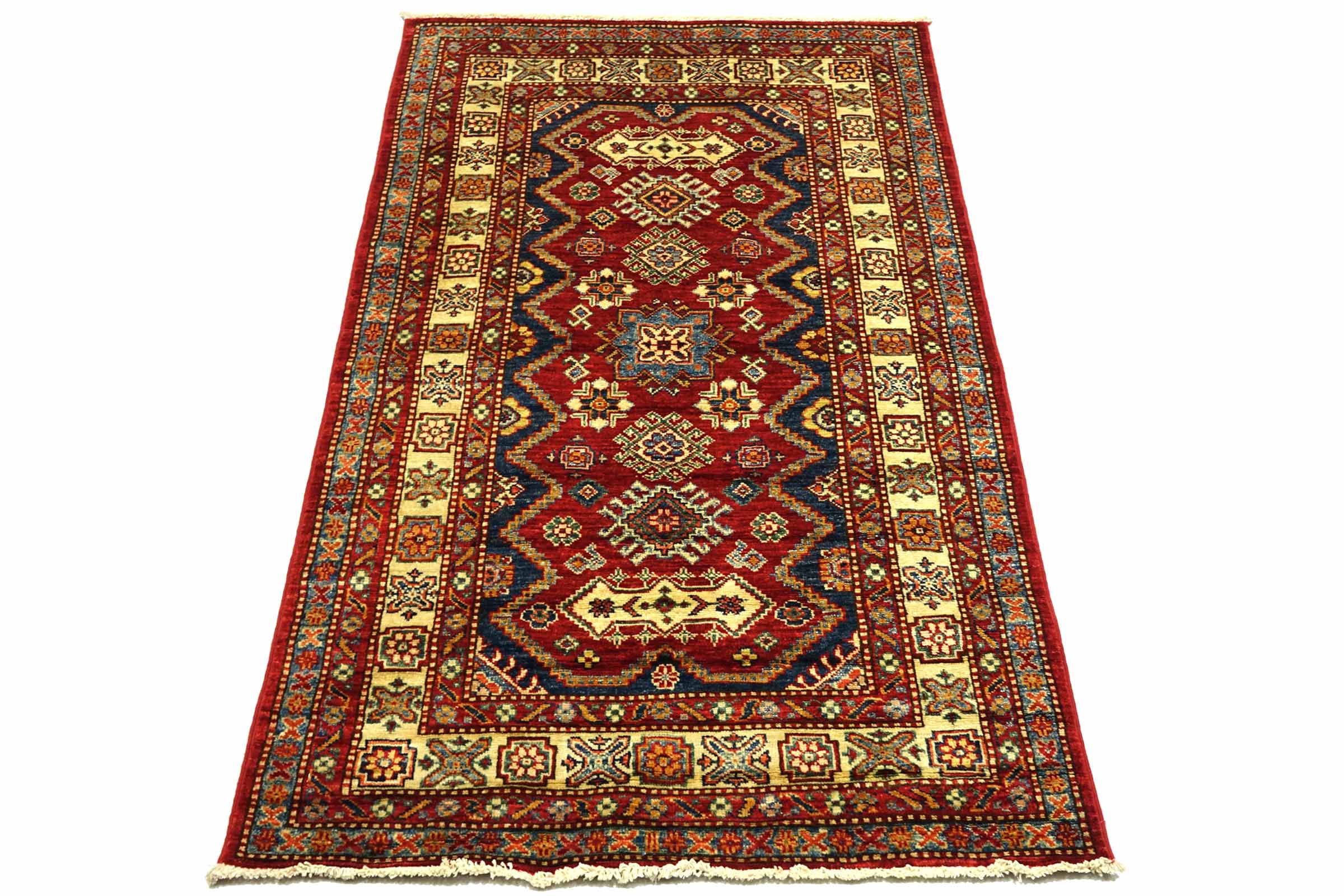Afghan Kazak Fein 100x150 Handgeknüpft Orientteppich Rot Umrandung Wolle