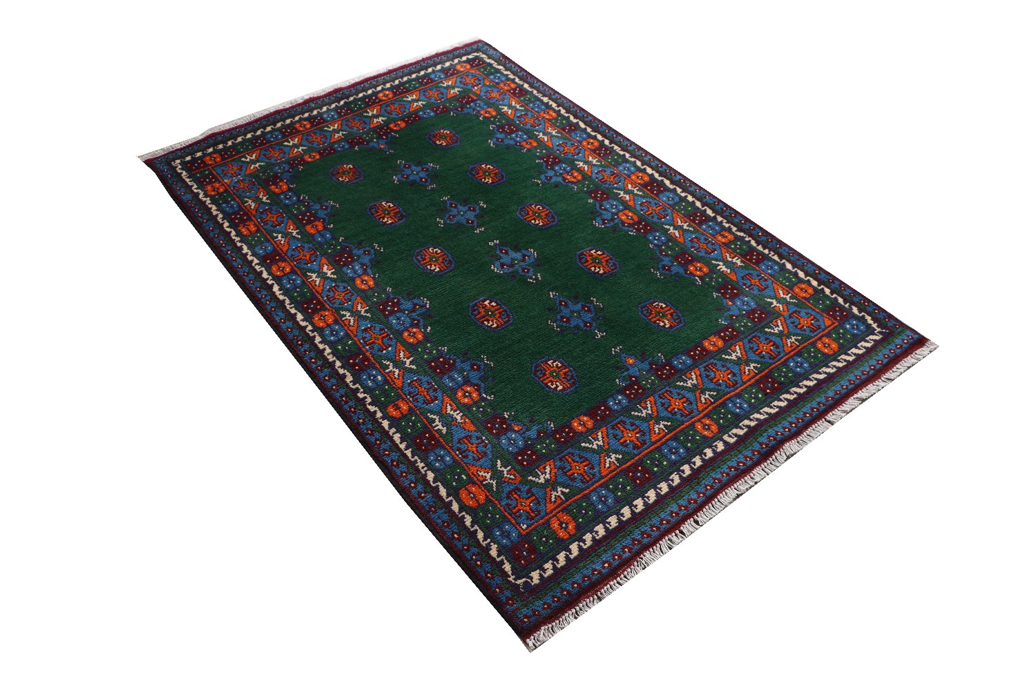 Afghan Akcha Rang Dar Teppich 100x150 Handgeknüpft Grün Durchgemustert Orient Kurzflor