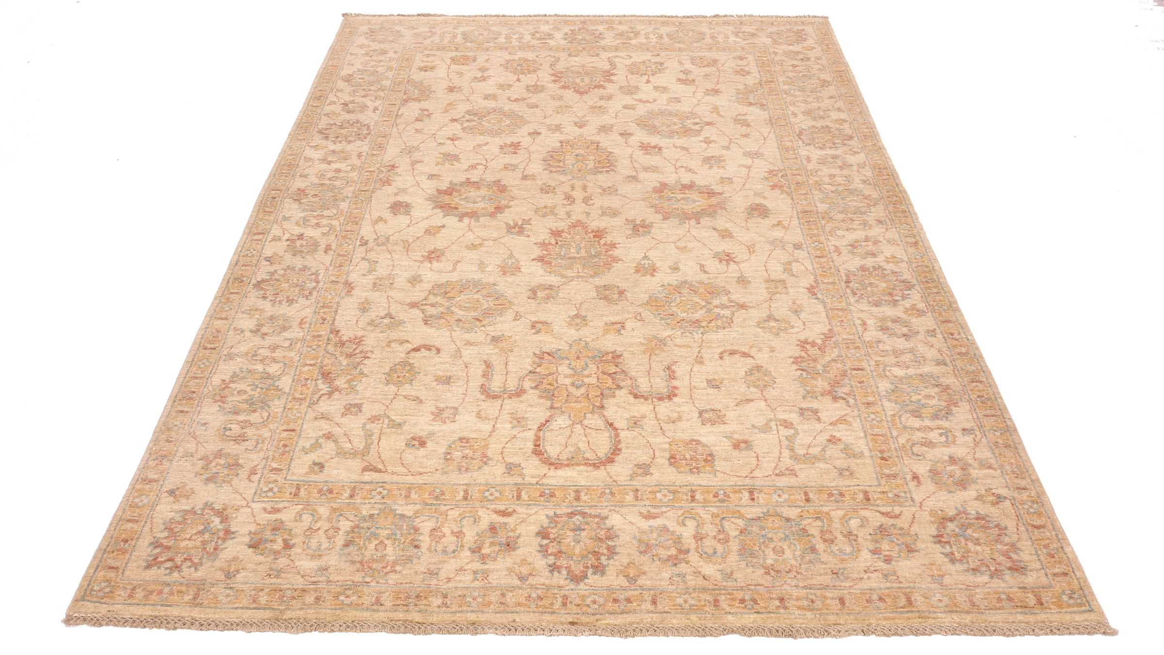 Chobi Ziegler Teppich 170x240 Handgeknüpft Beige Floral Orientalisch UNIKAT Kurzflor