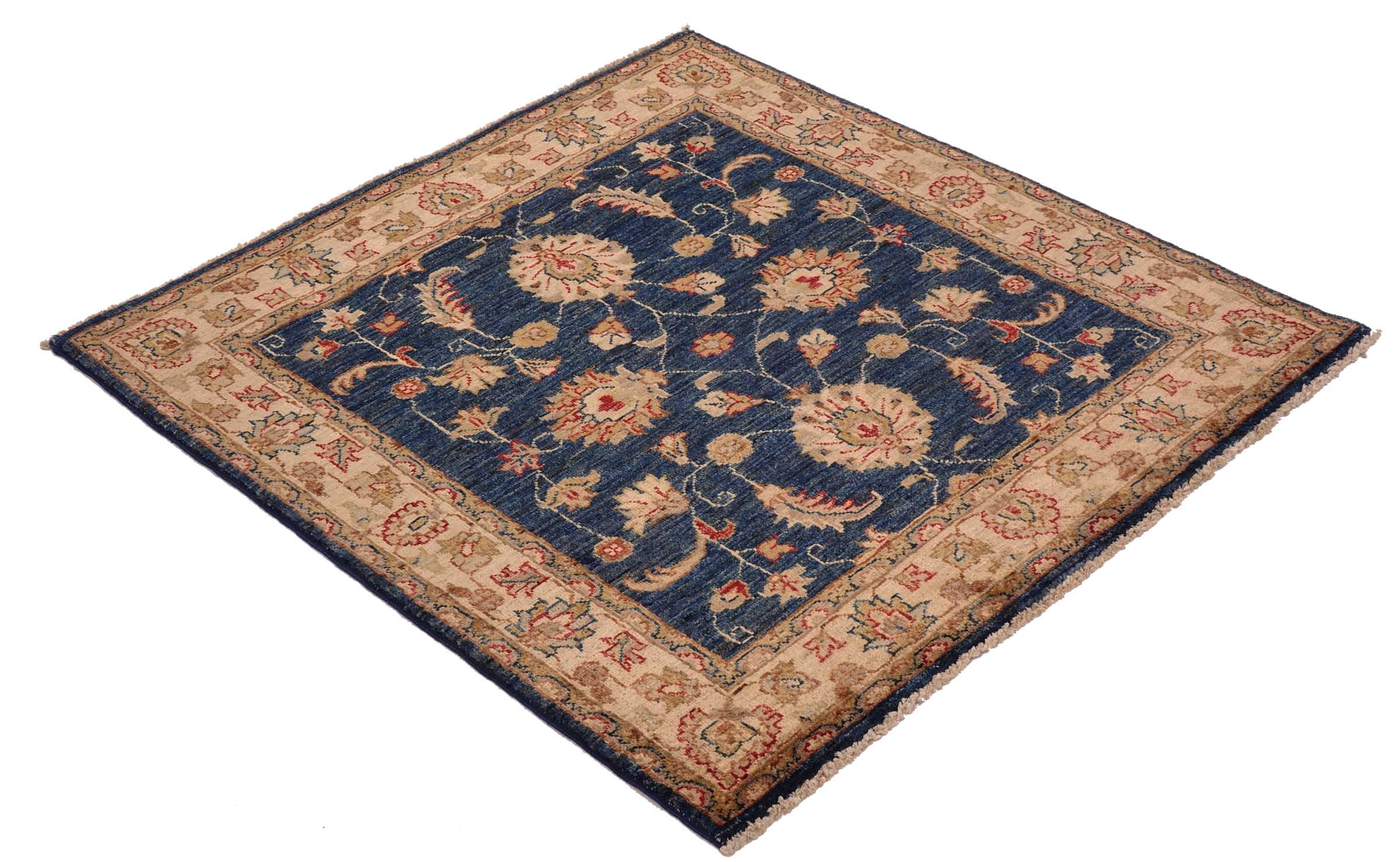 Chobi Ziegler Teppich 100x100 Handgeknüpft Quadratisch Beige Floral Orientalisch UNIKAT