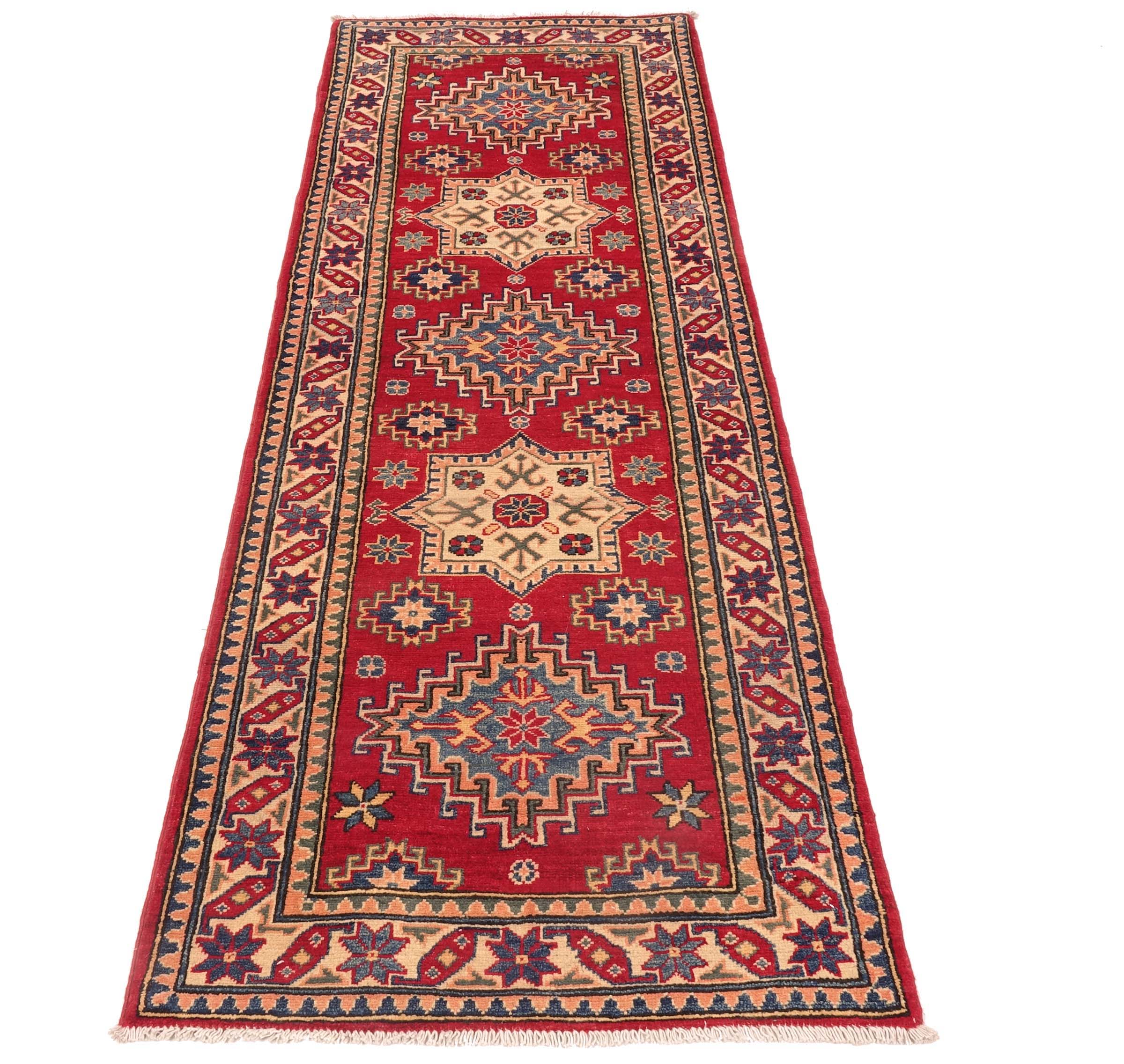 Kazak Teppich 80x240 Handgeknüpft Läufer rot Geometrisch Orientalisch UNIKAT Kurzflor
