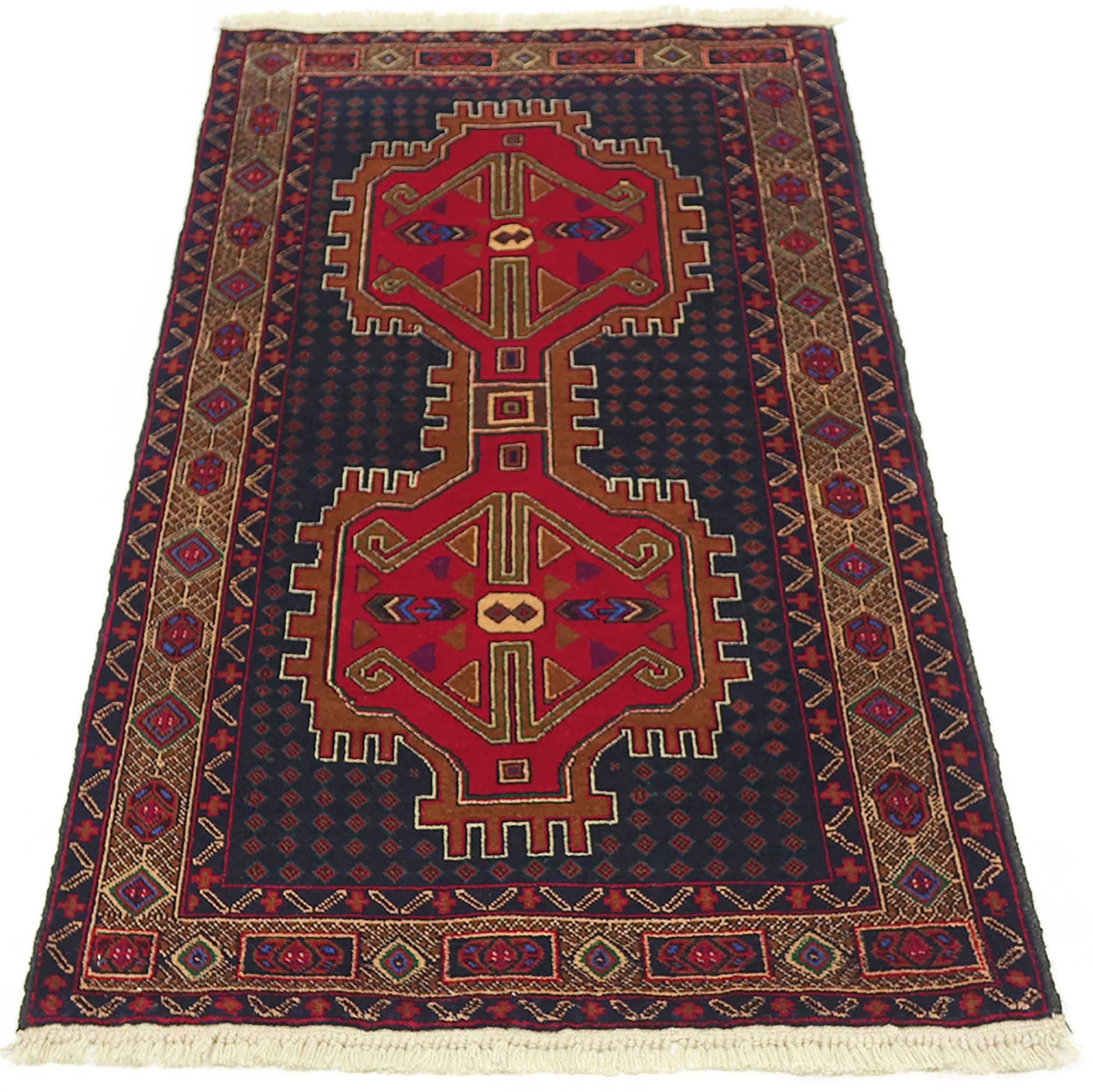 Afghan Teppich 80x150 Handgeknüpft Rot Geometrisch Orient Kurzflor Wohnzimmer