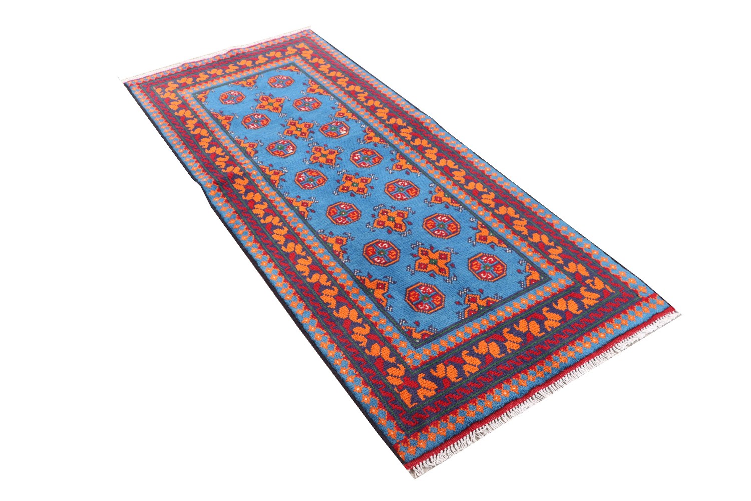 Afghan Akcha Rang Dar Teppich 80x200 Handgeknüpft Blau Durchgemustert Orient Kurzflor