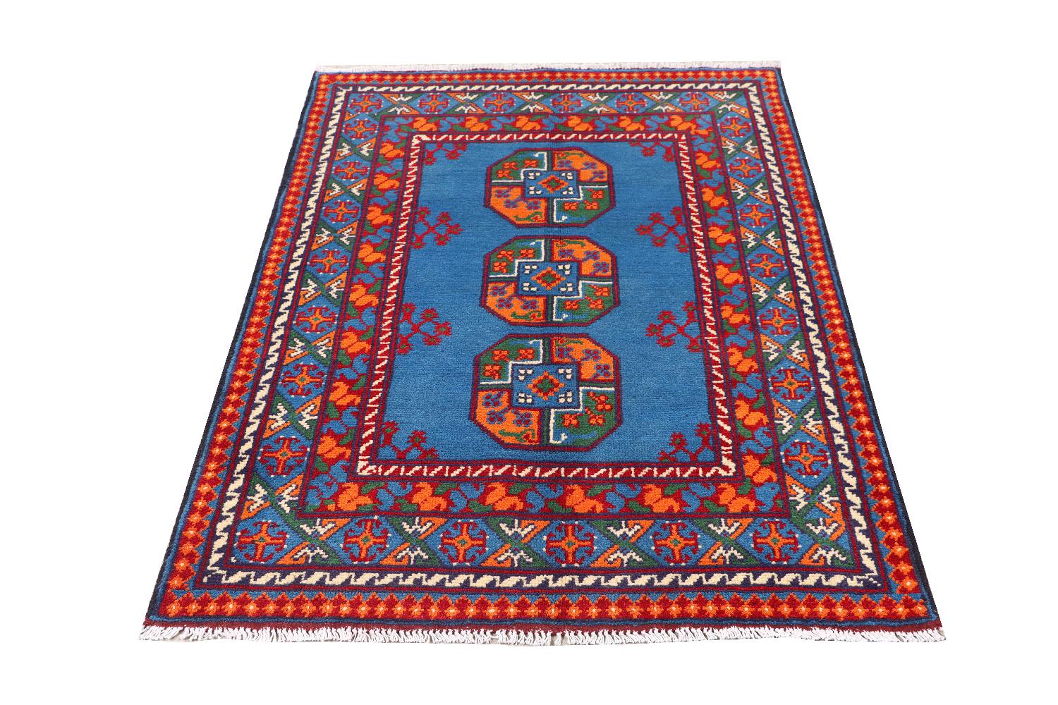 Afghan Akcha Rang Dar Teppich 100x150 Handgeknüpft Blau Durchgemustert Orient Kurzflor