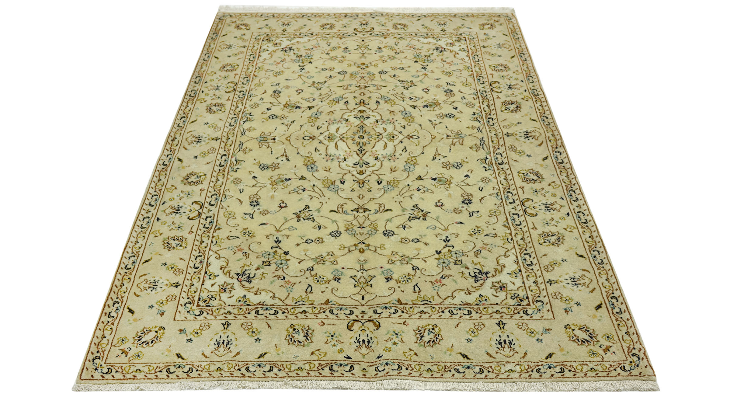 Perserteppich Keshan Teppich 140x220 Handgeknüpft Beige Medaillon Orient Kurzflor