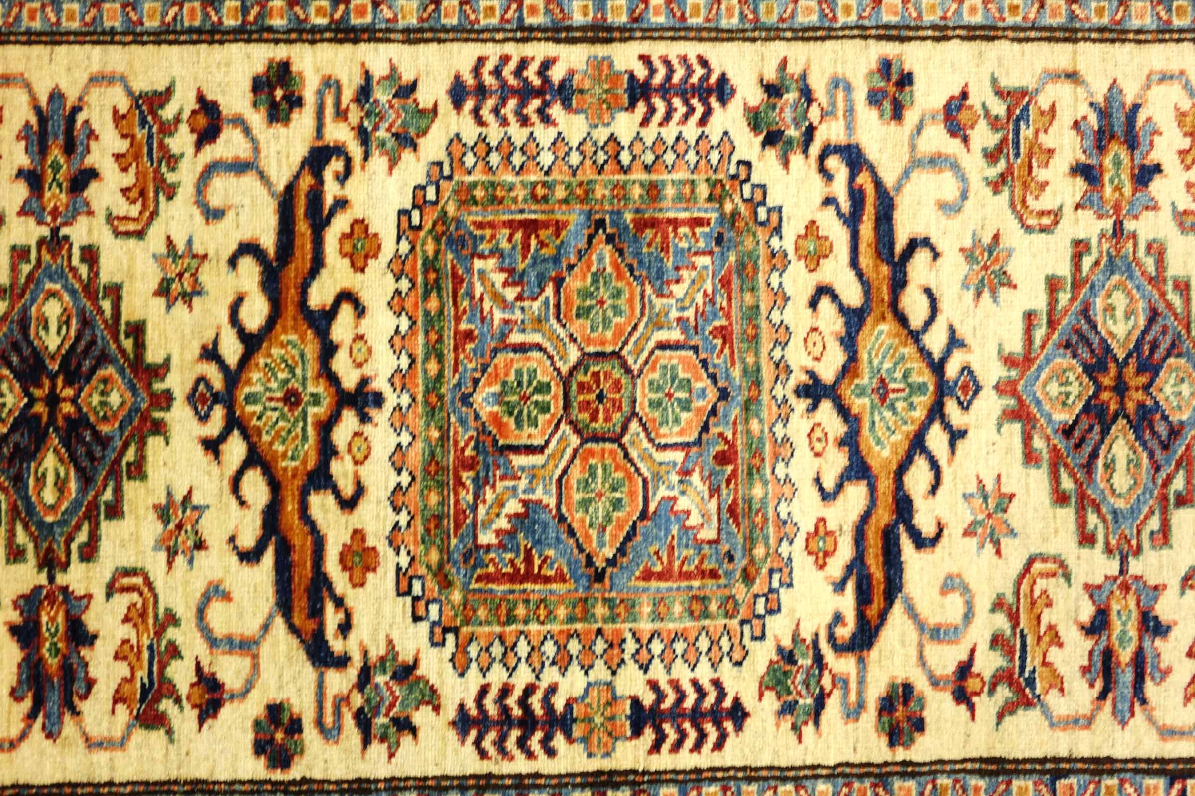 Afghan Kazak Fein 100x150 Handgeknüpft Orientteppich Beige Umrandung Wolle