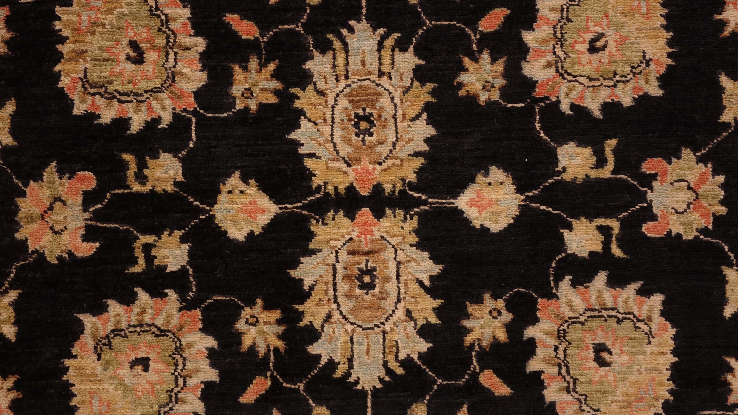 Chobi Ziegler Teppich 130x350 Handgeknüpft Läufer Schwarz Floral Orientalisch UNIKAT