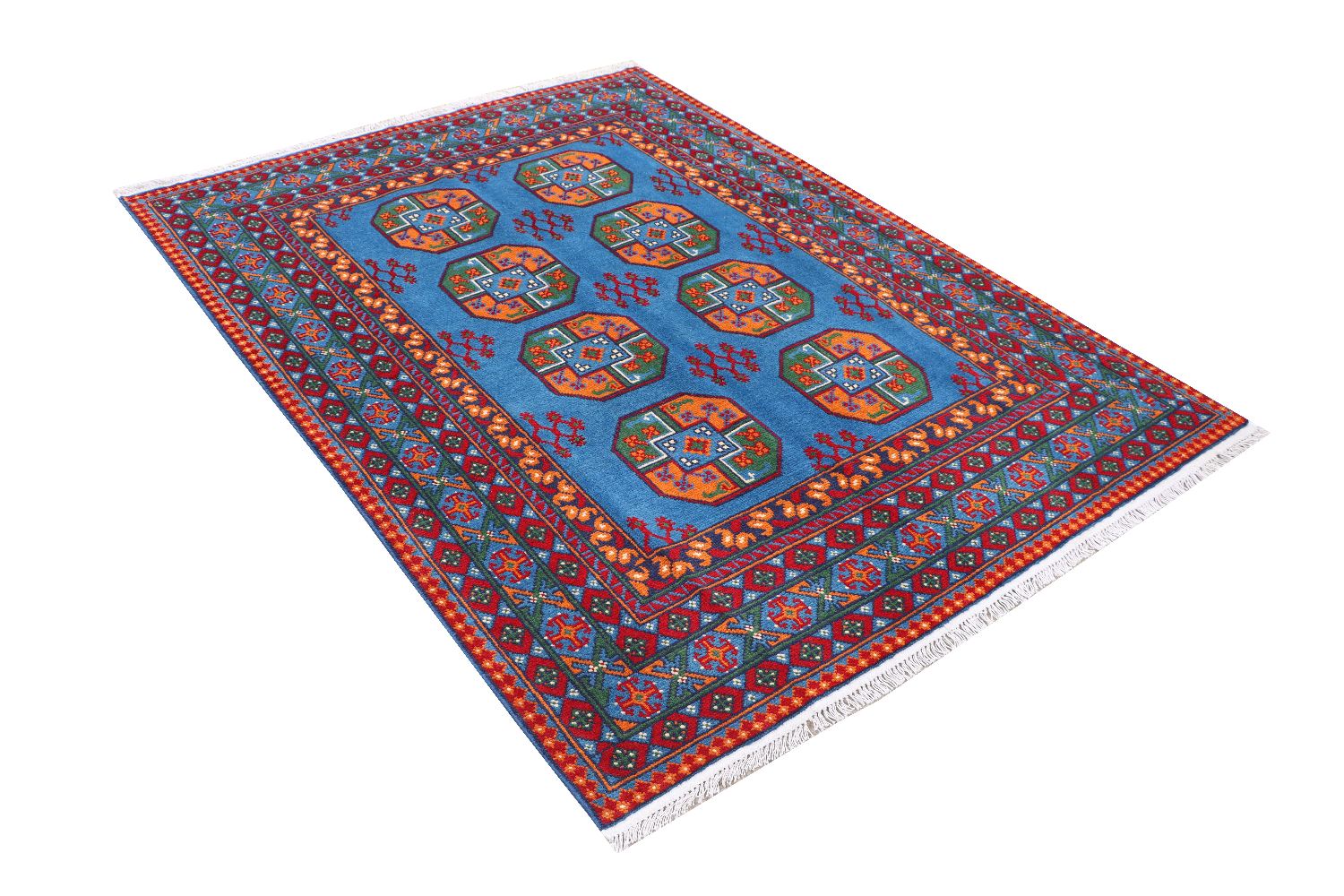 Afghan Akcha Rang Dar Teppich 150x200 Handgeknüpft Blau Durchgemustert Orient Kurzflor