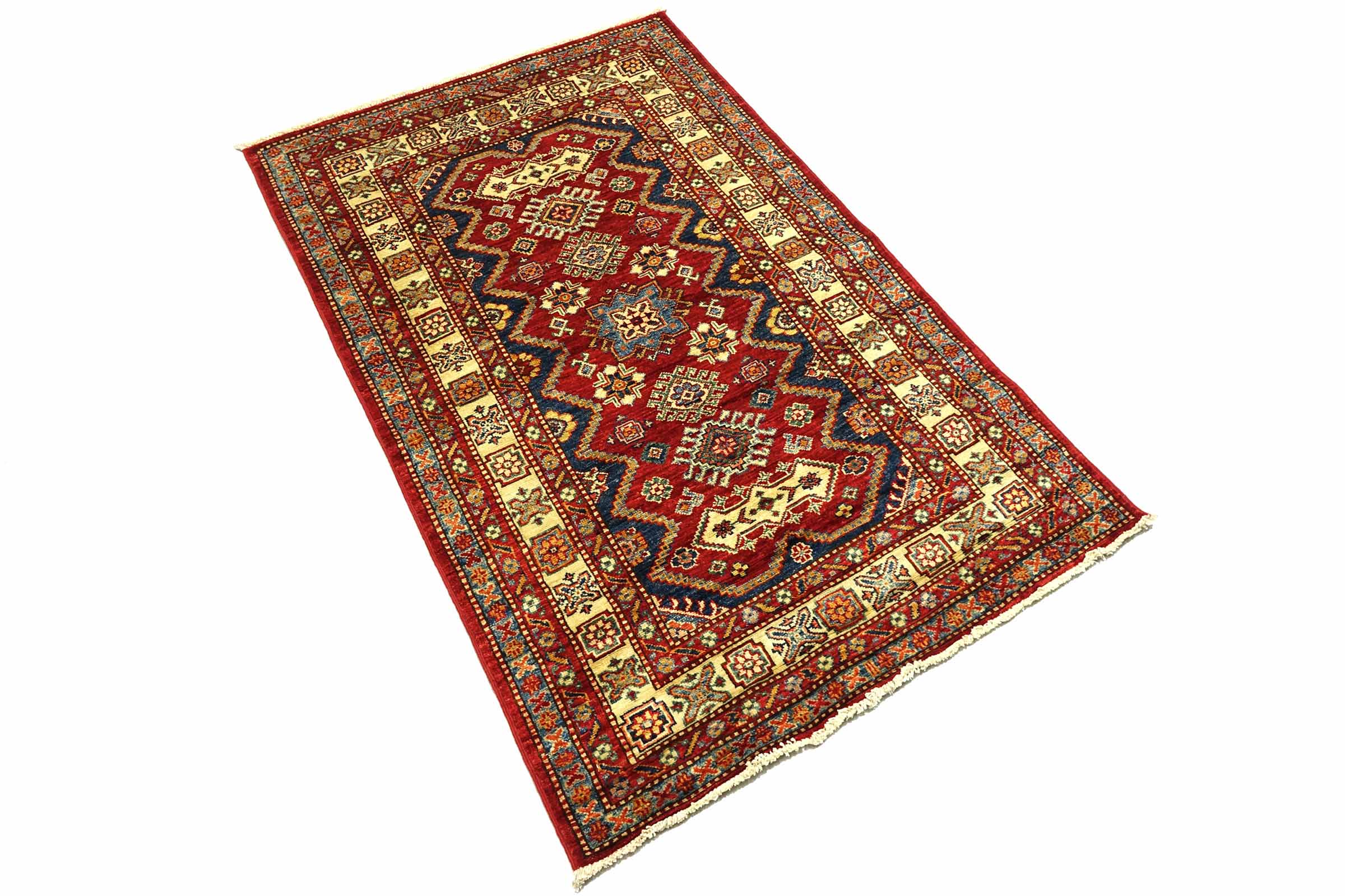 Afghan Kazak Fein 100x150 Handgeknüpft Orientteppich Rot Umrandung Wolle