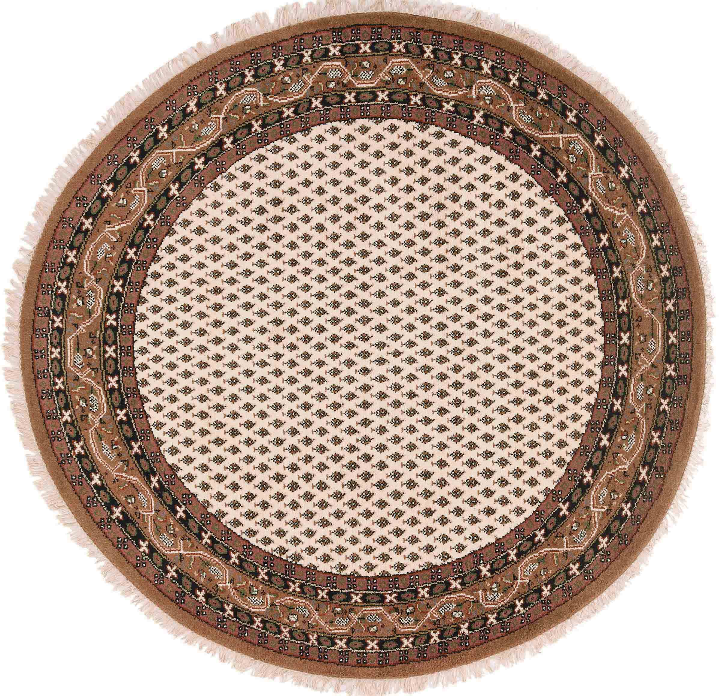 Runder Mir Sarough Teppich 200x200 Handgeknüpft Beige Umrandung Kurzflor Orient