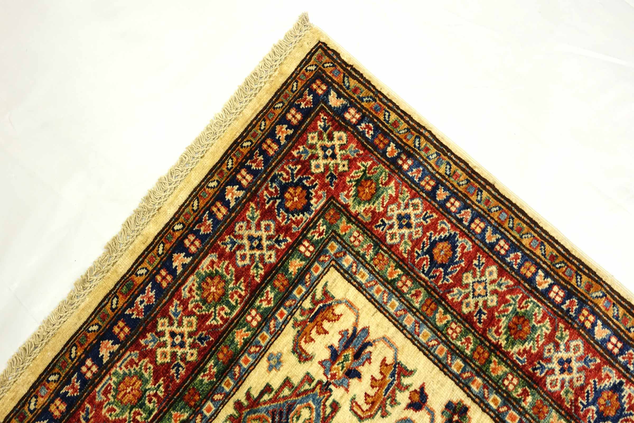 Afghan Kazak Fein 100x150 Handgeknüpft Orientteppich Beige Umrandung Wolle