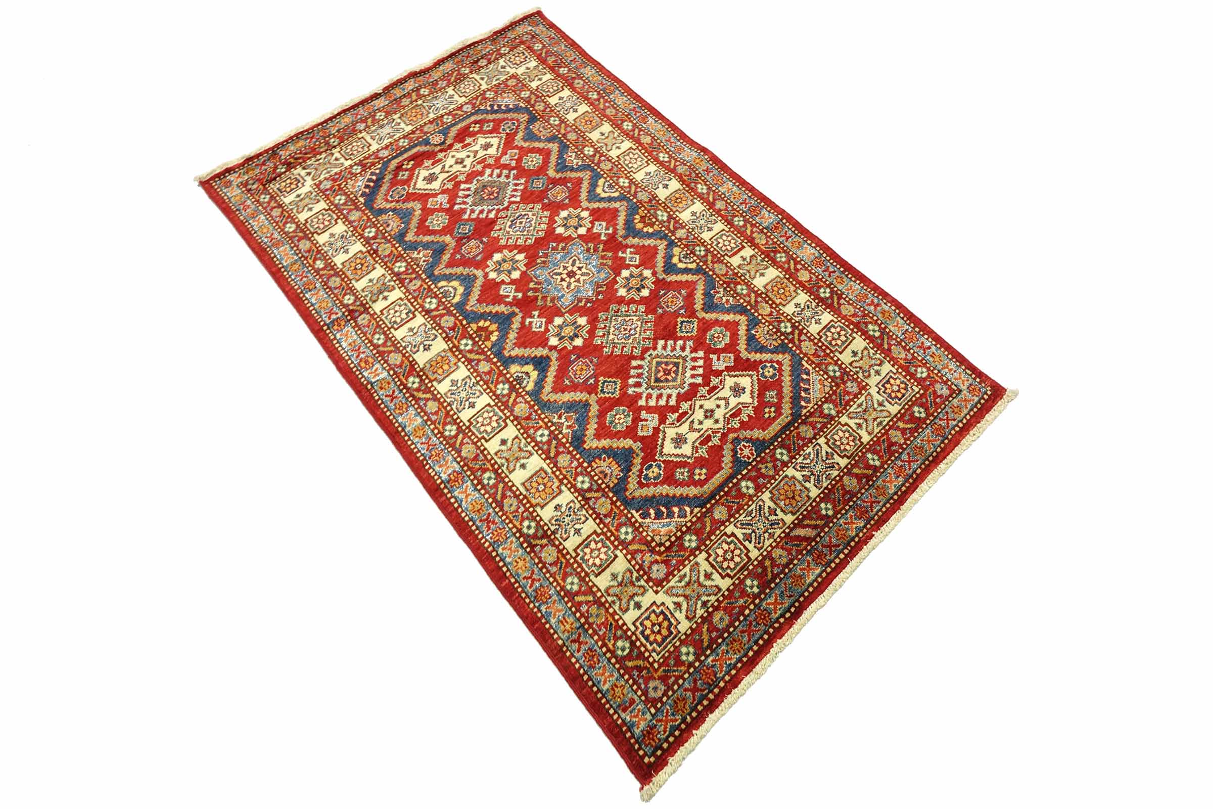 Afghan Kazak Fein 100x150 Handgeknüpft Orientteppich Rot Umrandung Wolle