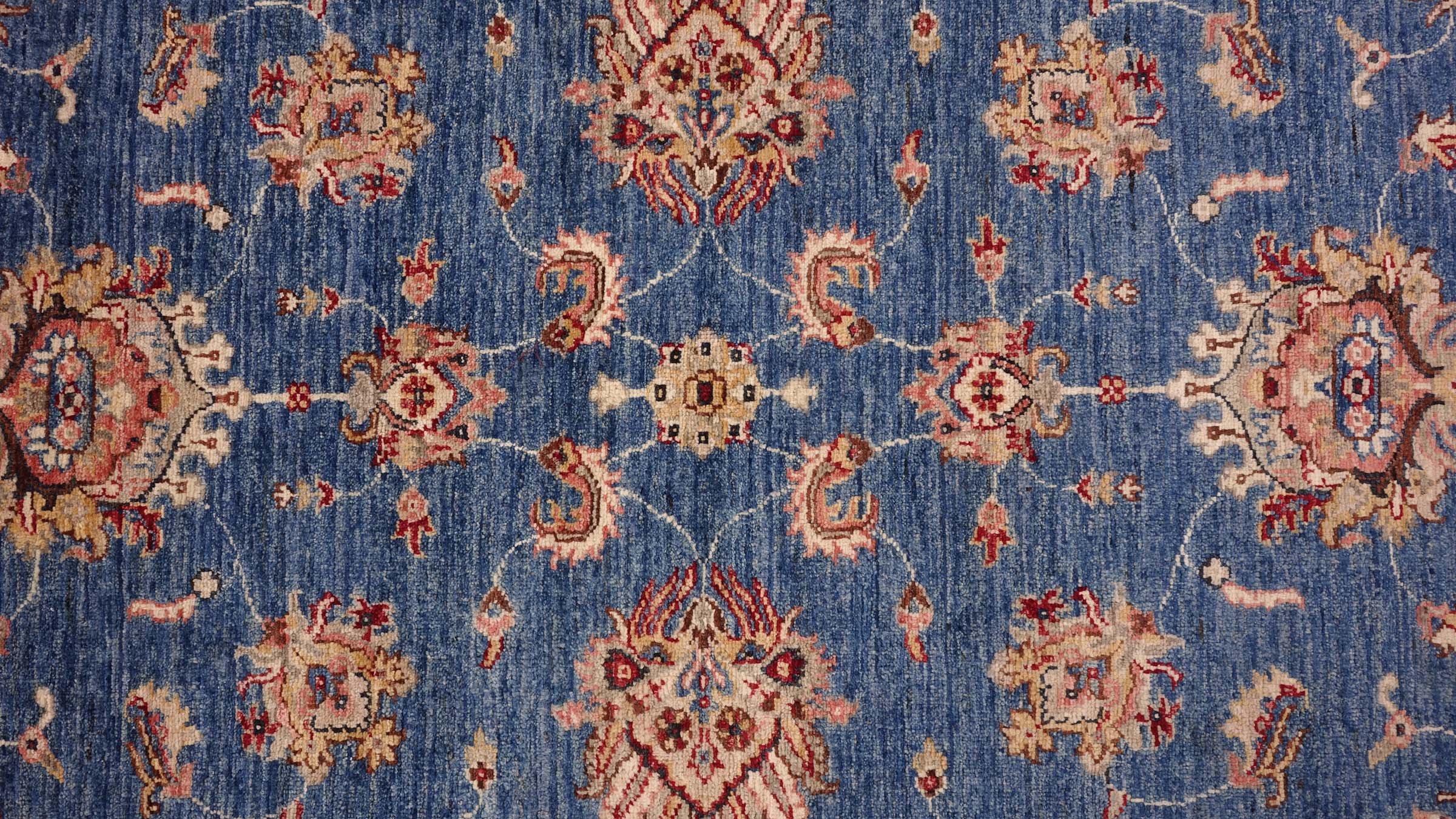 Chobi Ziegler Teppich 120x180 Handgeknüpft Blau Floral Orientalisch UNIKAT Kurzflor
