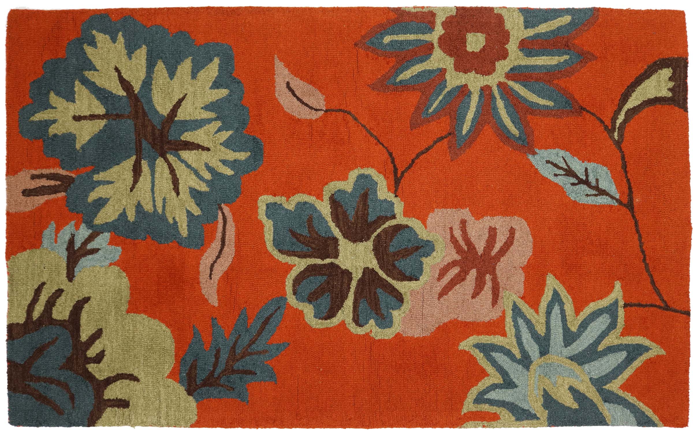Handgefertigter Teppich Blumen Wolle in 120x180 160x230 Orange Floral Handarbeit